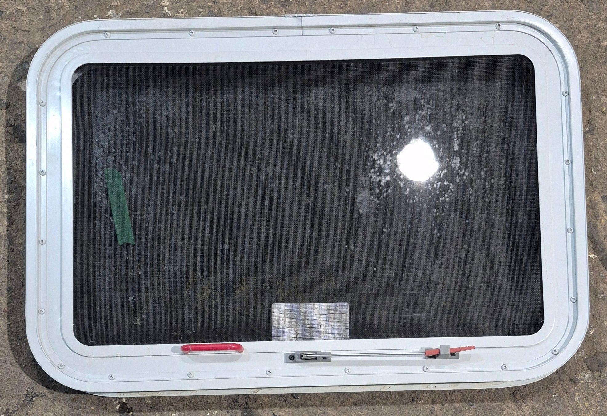 Used White Radius Emergency Opening Window : 29 1/2" W x 19 1/4" H x 1 7/8" D - Young Farts RV Parts