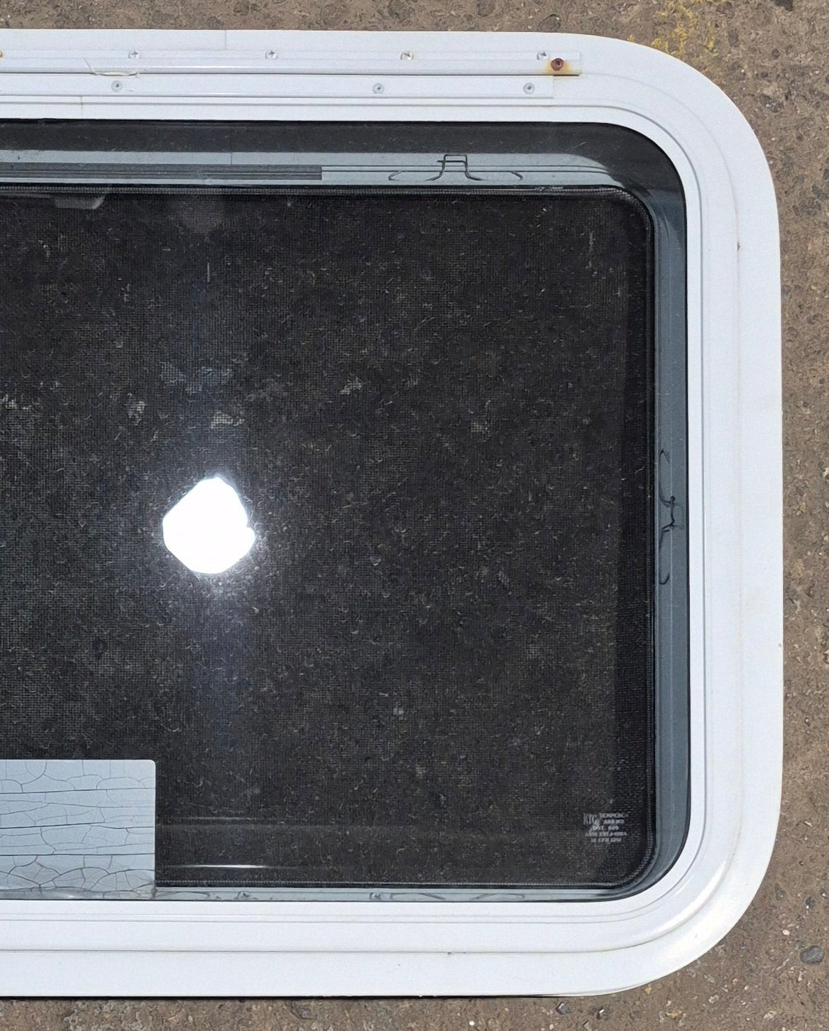 Used White Radius Emergency Opening Window : 29 1/2" W x 19 1/4" H x 1 7/8" D - Young Farts RV Parts