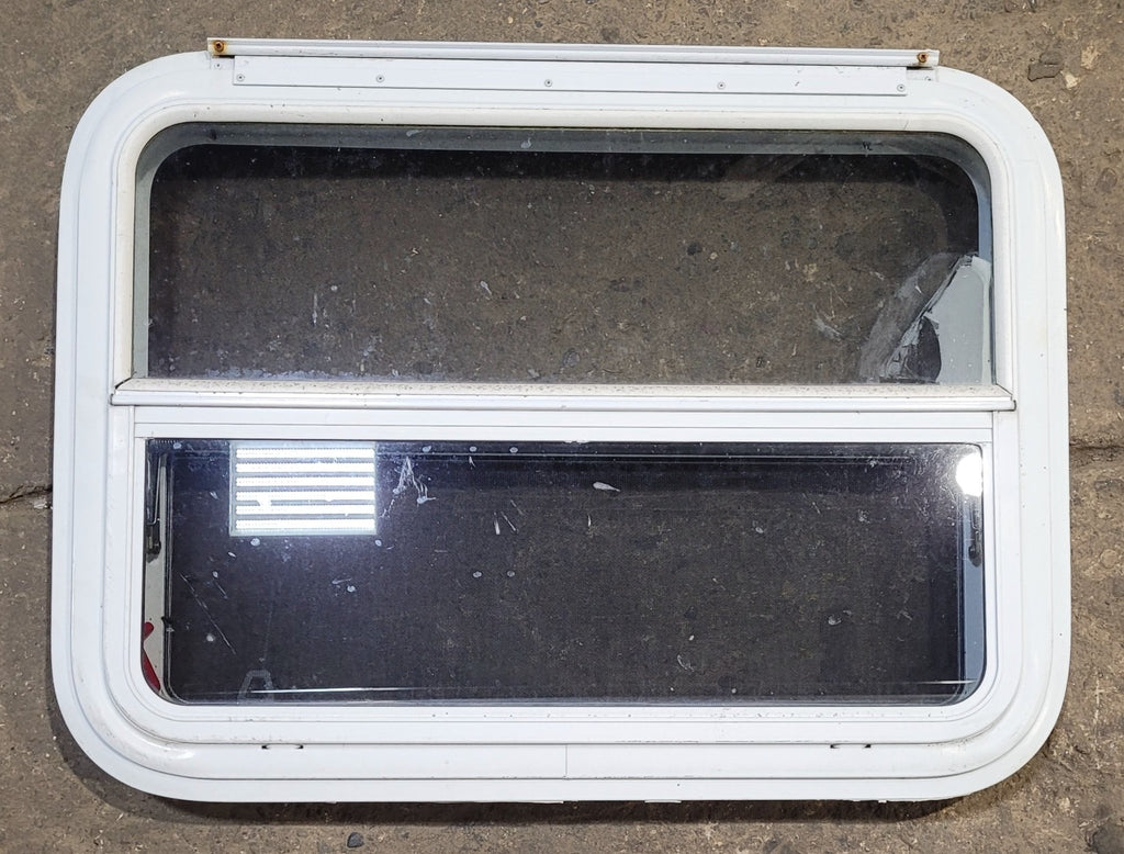 Used White Radius Emergency Opening Window : 29 1/2" W x 21 1/2" H x 1 7/8" D - Young Farts RV Parts