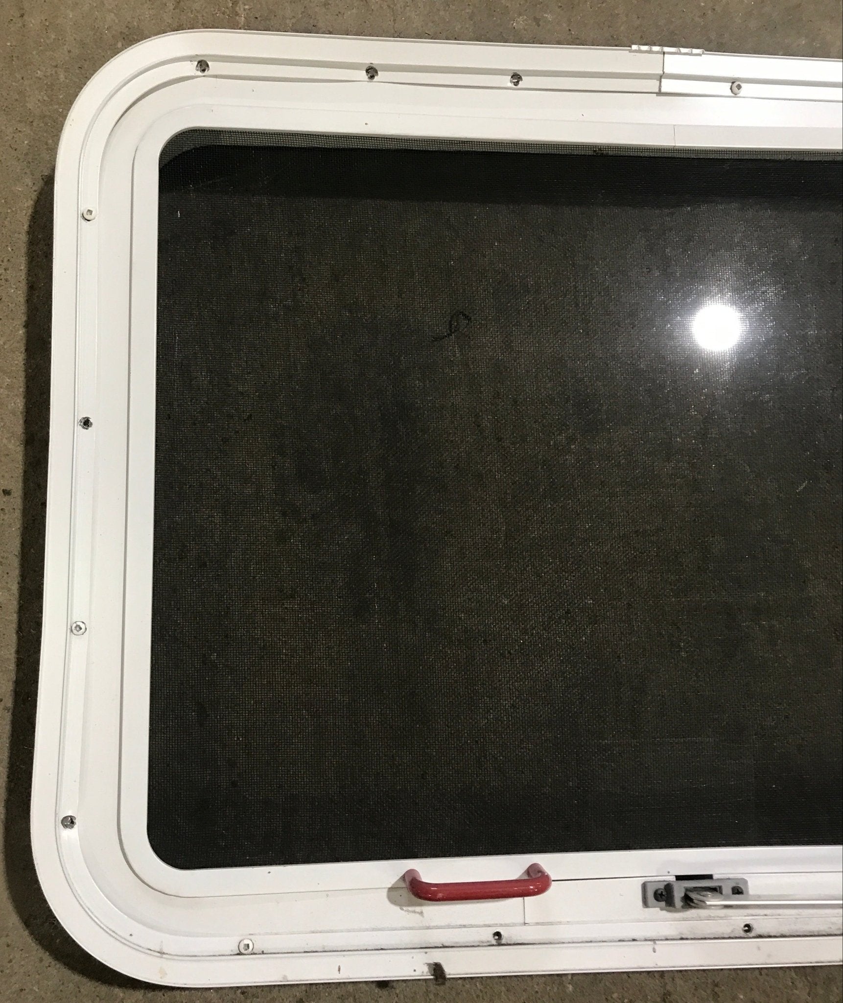 Used White Radius Emergency Opening Window : 29 1/2" W x 21 1/2" H x 1 7/8" D - Young Farts RV Parts