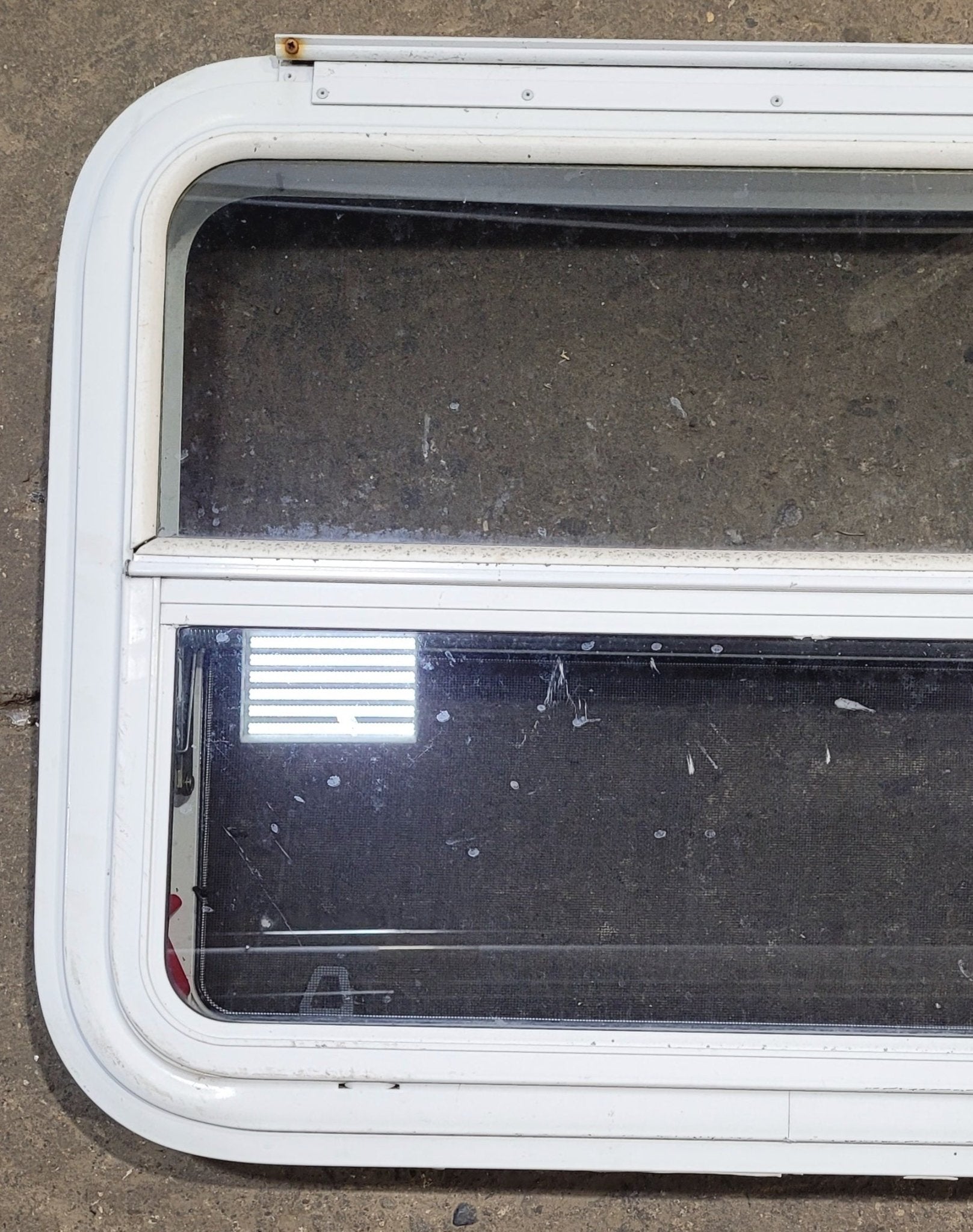 Used White Radius Emergency Opening Window : 29 1/2" W x 21 1/2" H x 1 7/8" D - Young Farts RV Parts