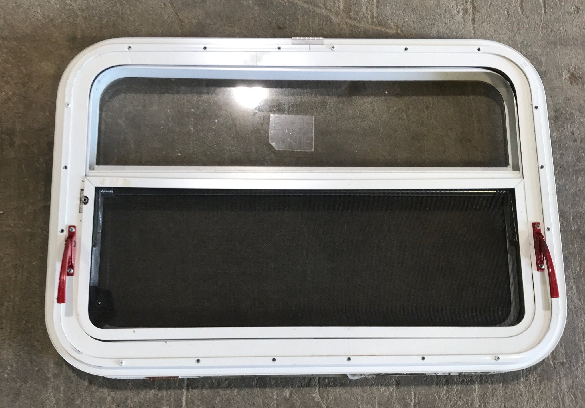 Used White Radius Emergency Opening Window : 29 1/4" W x 19 1/2" H x 1 1/2" D - Young Farts RV Parts