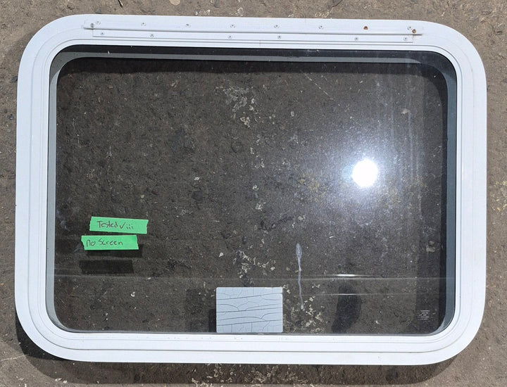 Used White Radius Emergency Opening Window : 29 1/4" W x 21 1/4" H x 1 3/4" D - Young Farts RV Parts
