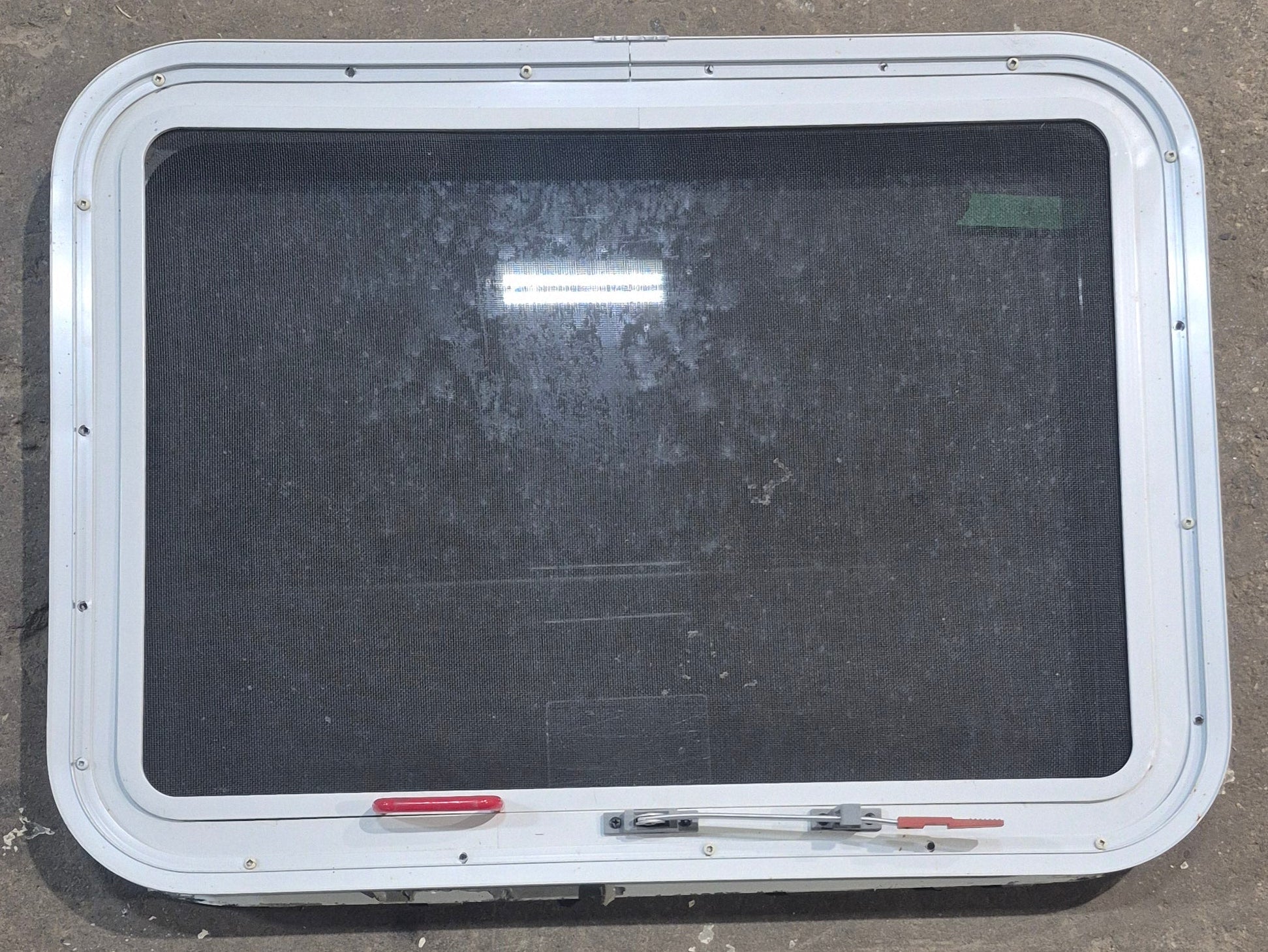 Used White Radius Emergency Opening Window : 29 1/4" W x 21 1/4" H x 1 7/8" D - Young Farts RV Parts
