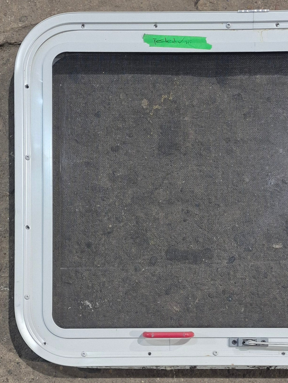 Used White Radius Emergency Opening Window : 29 1/4" W x 21 1/4" H x 1 7/8" D - Young Farts RV Parts