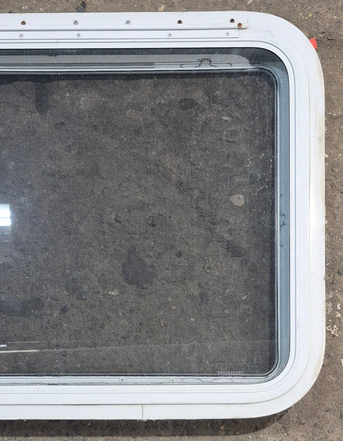 Used White Radius Emergency Opening Window : 29 1/4" W x 21 1/4" H x 1 7/8" D - Young Farts RV Parts