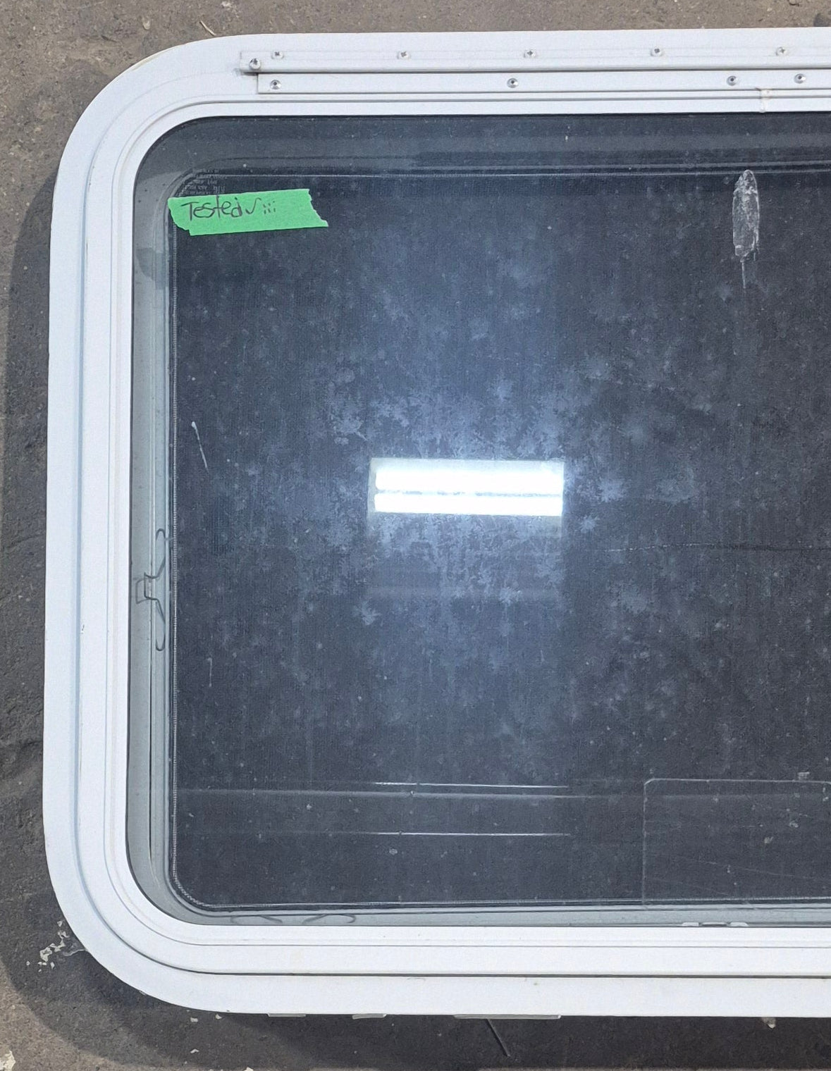 Used White Radius Emergency Opening Window : 29 1/4" W x 21 1/4" H x 1 7/8" D - Young Farts RV Parts