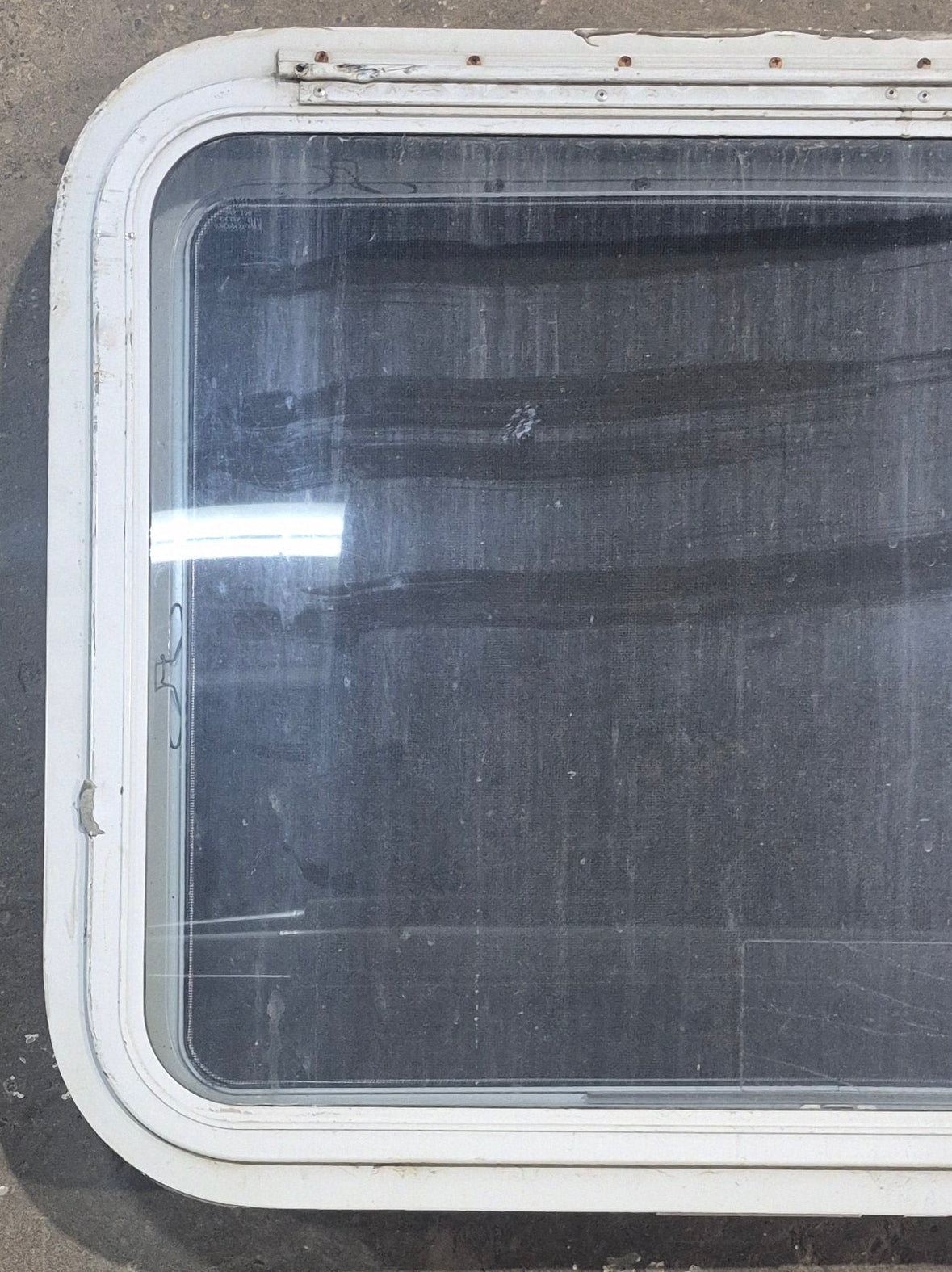 Used White Radius Emergency Opening Window : 29 1/4" W x 21 1/4" H x 1 7/8" D - Young Farts RV Parts