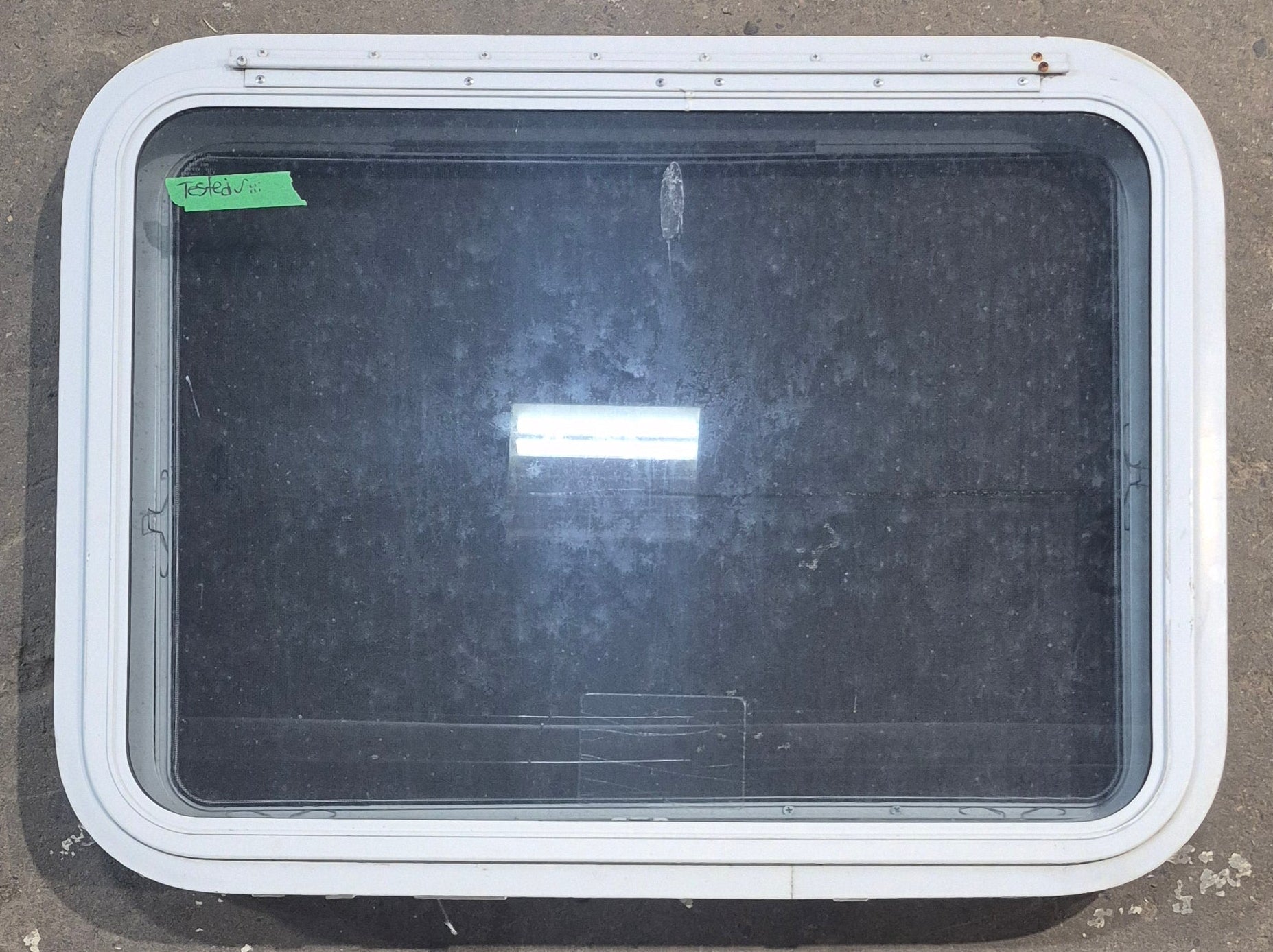Used White Radius Emergency Opening Window : 29 1/4" W x 21 1/4" H x 1 7/8" D - Young Farts RV Parts