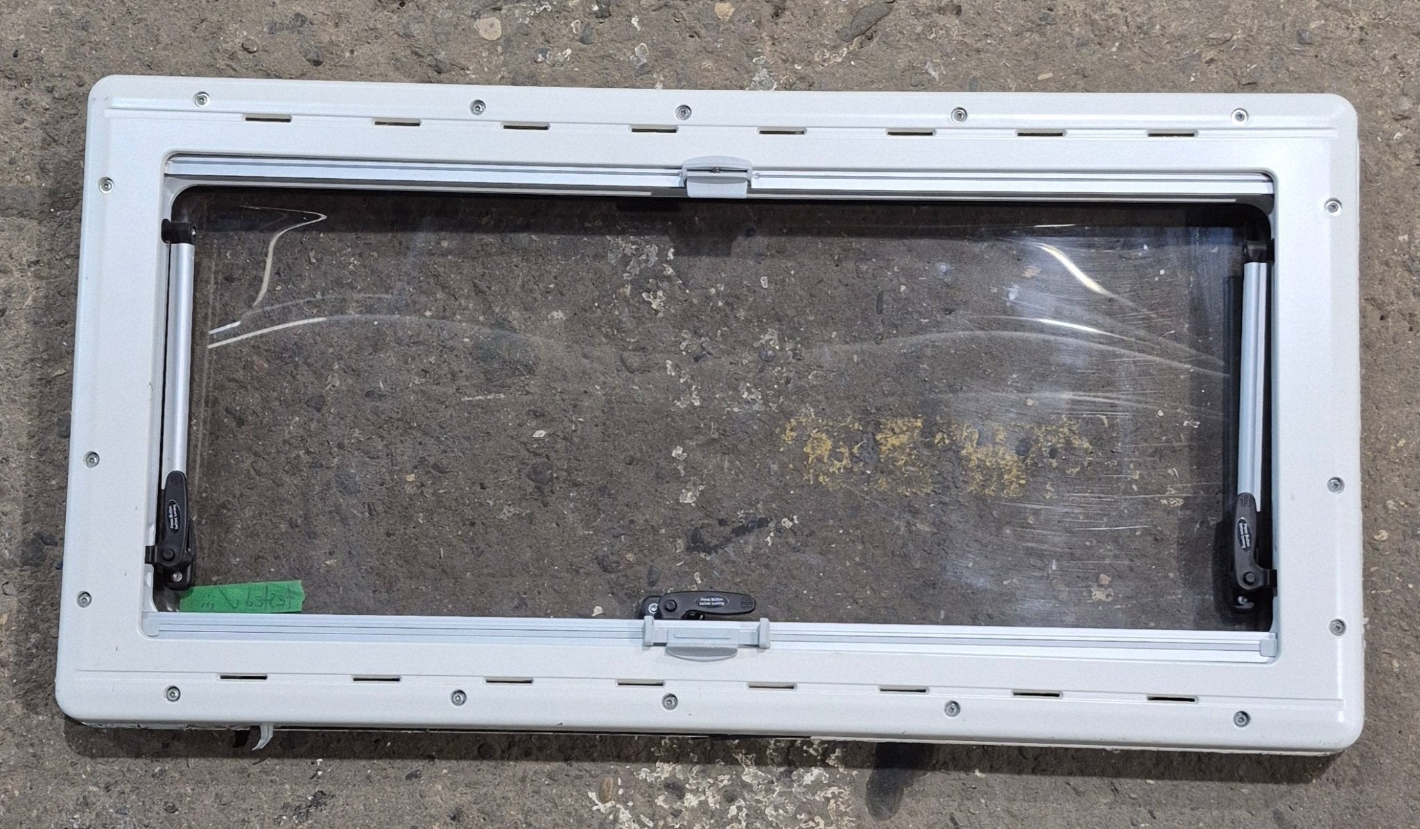 Used White Radius Emergency Opening Window : 34 3/4" W x 16 7/8" H x 1 1/8" D - Young Farts RV Parts