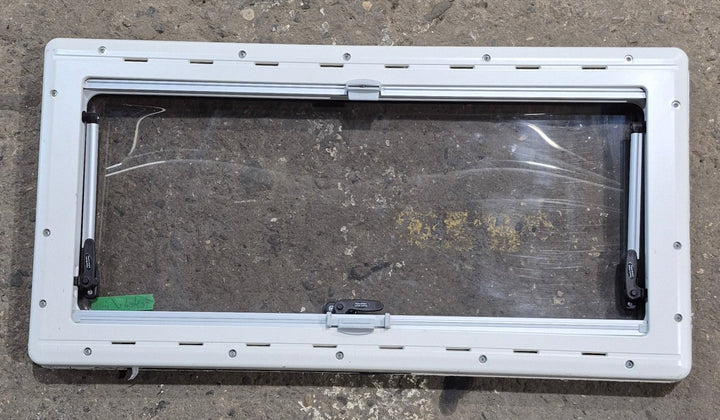 Used White Radius Emergency Opening Window : 34 3/4" W x 16 7/8" H x 1 1/8" D - Young Farts RV Parts