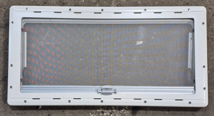 Used White Radius Emergency Opening Window : 34 3/4" W x 16 7/8" H x 1 1/8" D - Young Farts RV Parts