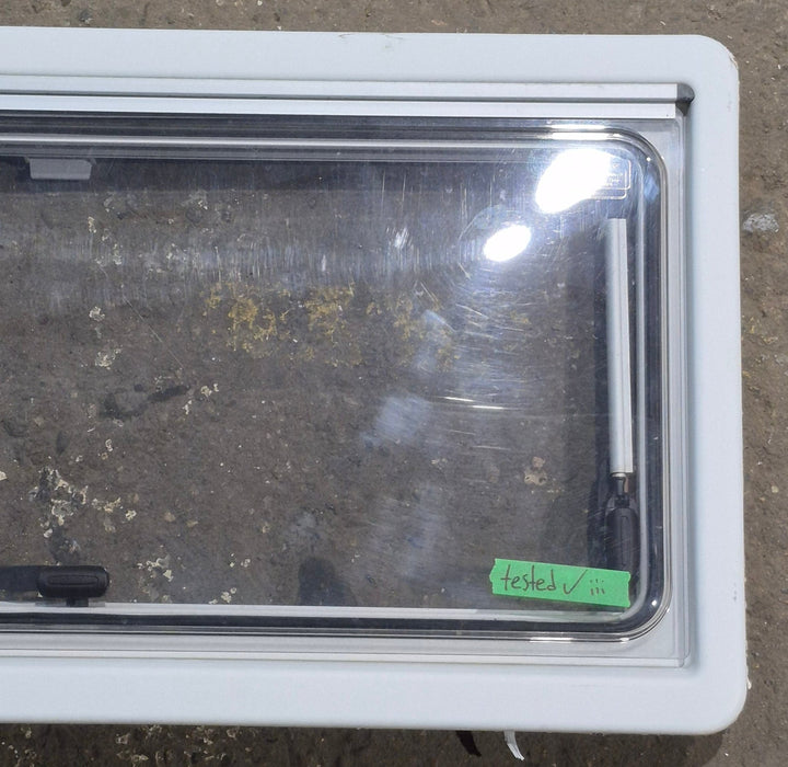 Used White Radius Emergency Opening Window : 34 3/4" W x 16 7/8" H x 1 1/8" D - Young Farts RV Parts
