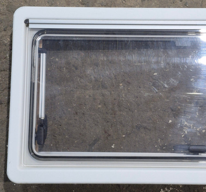 Used White Radius Emergency Opening Window : 34 3/4" W x 16 7/8" H x 1 1/8" D - Young Farts RV Parts