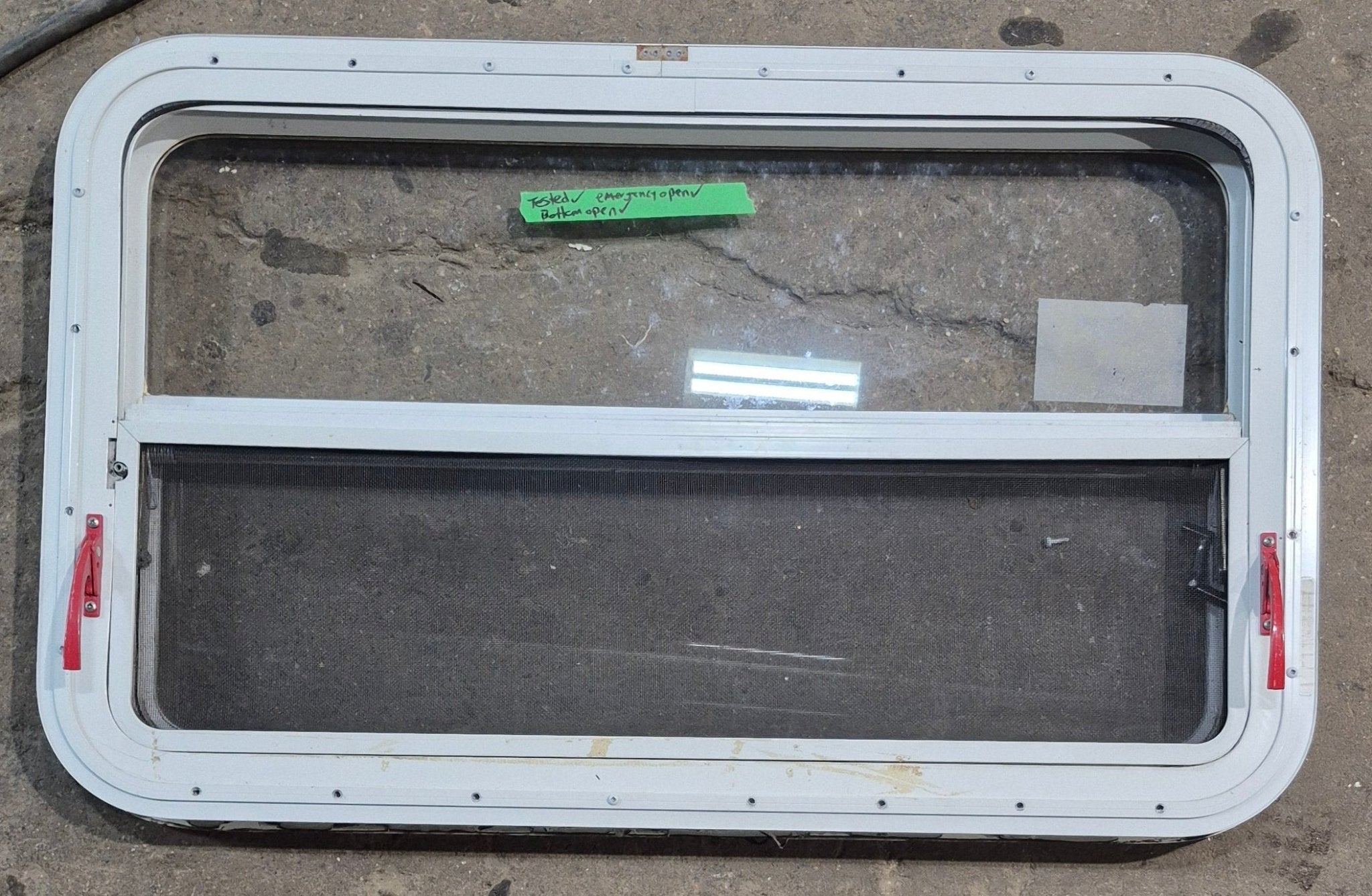 Used White Radius Emergency Opening Window : 35 1/2" W x 21 1/2" H x 1 1/2" D - Young Farts RV Parts