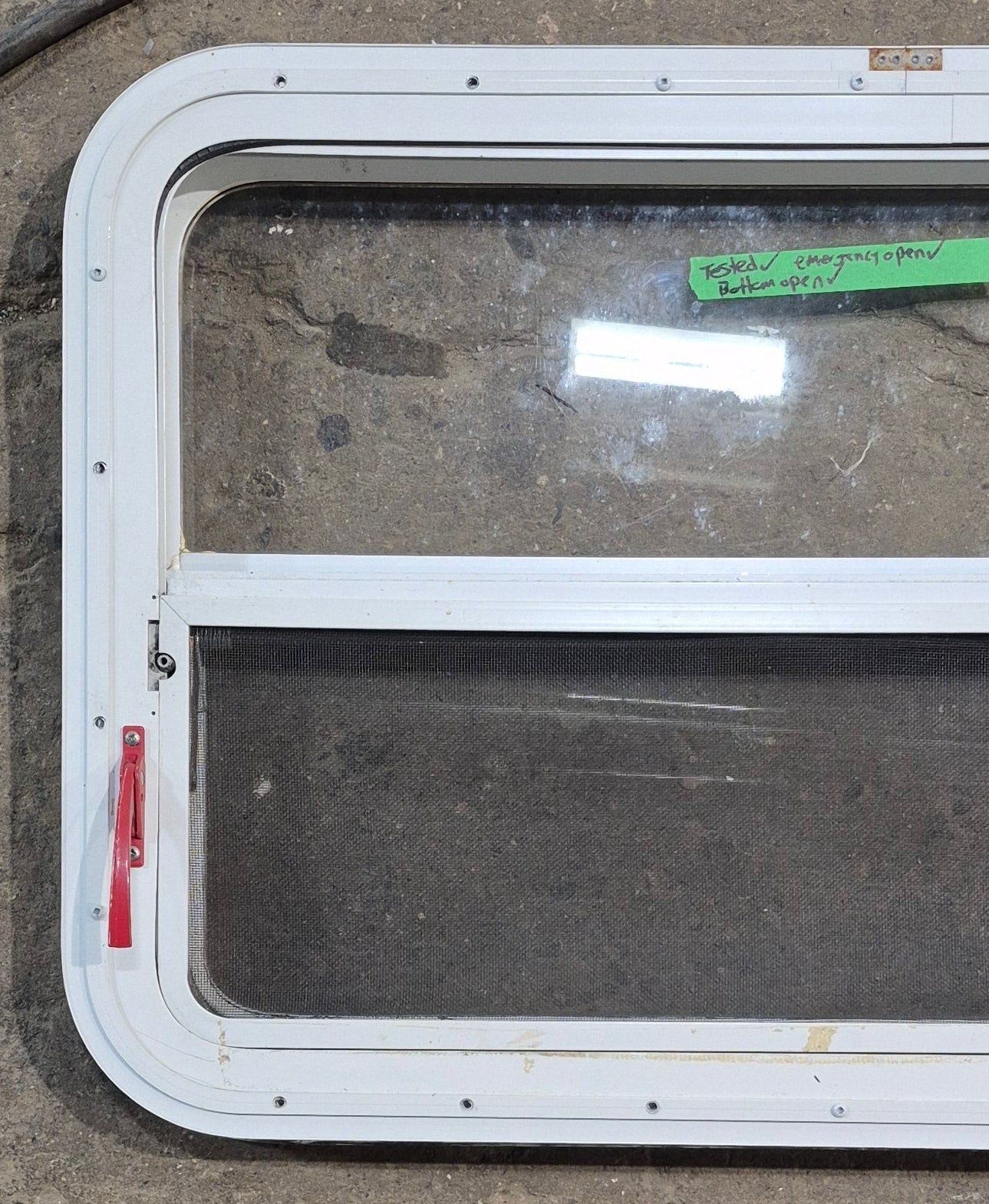 Used White Radius Emergency Opening Window : 35 1/2" W x 21 1/2" H x 1 1/2" D - Young Farts RV Parts