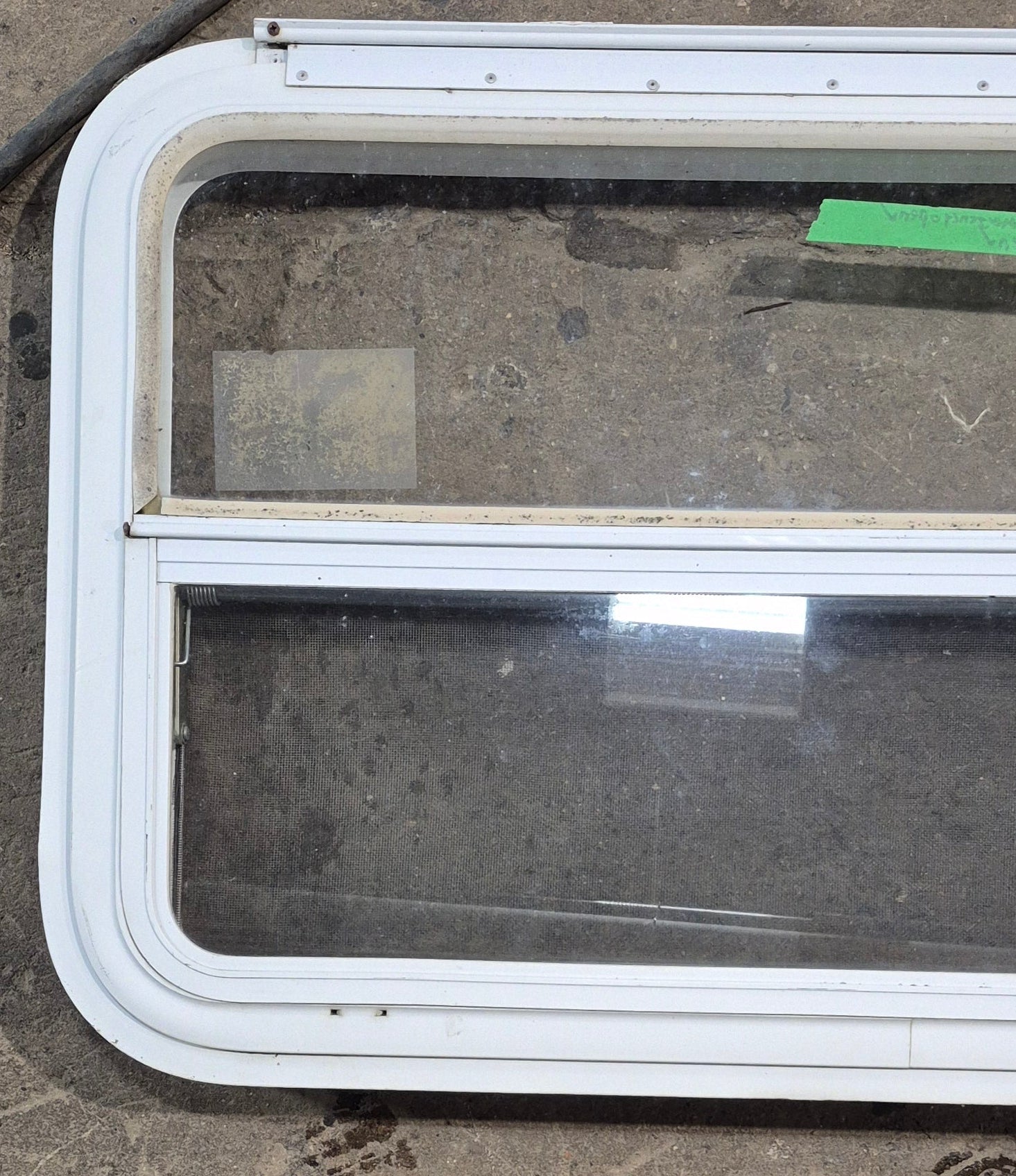 Used White Radius Emergency Opening Window : 35 1/2" W x 21 1/2" H x 1 1/2" D - Young Farts RV Parts