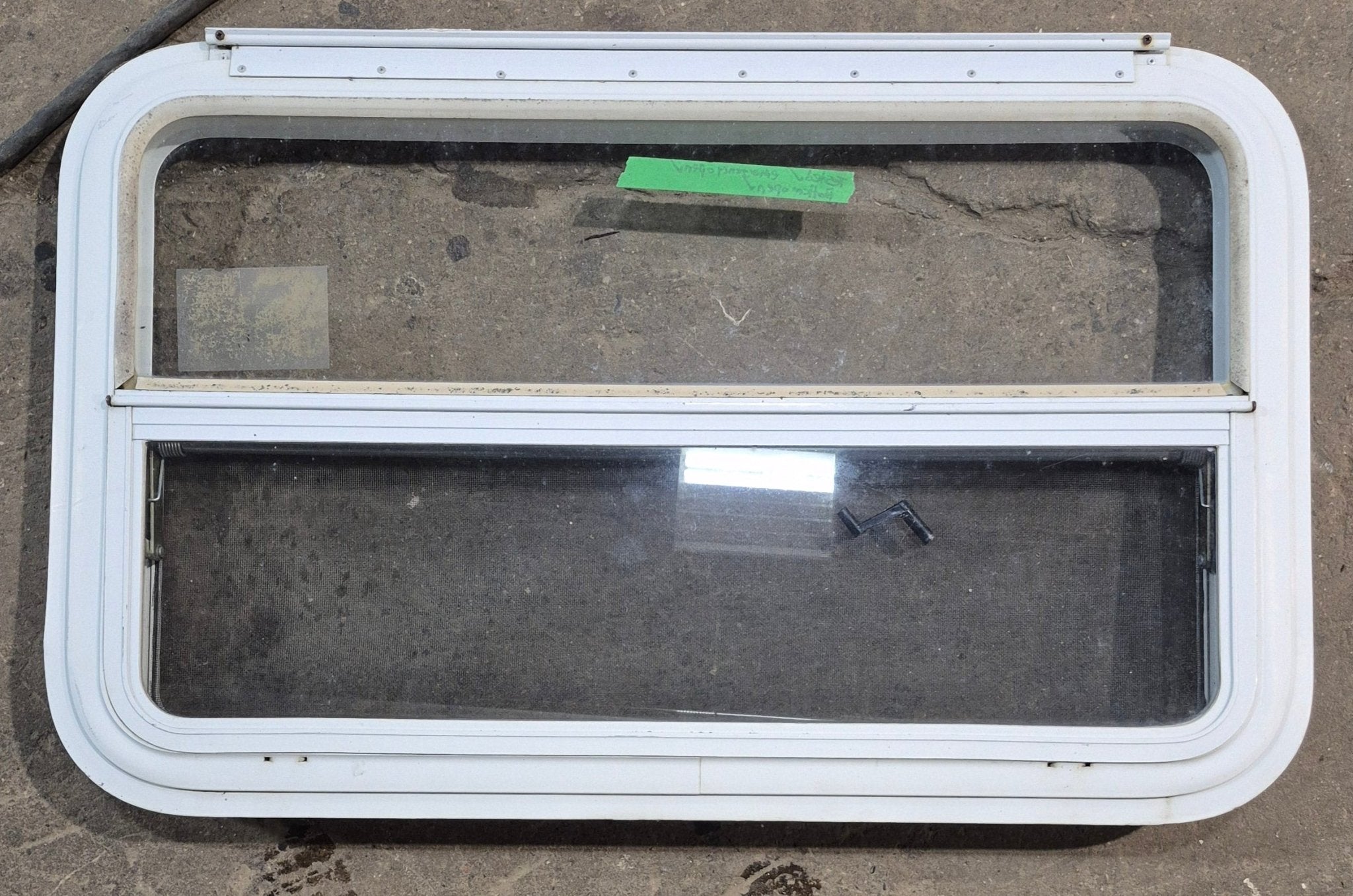 Used White Radius Emergency Opening Window : 35 1/2" W x 21 1/2" H x 1 1/2" D - Young Farts RV Parts