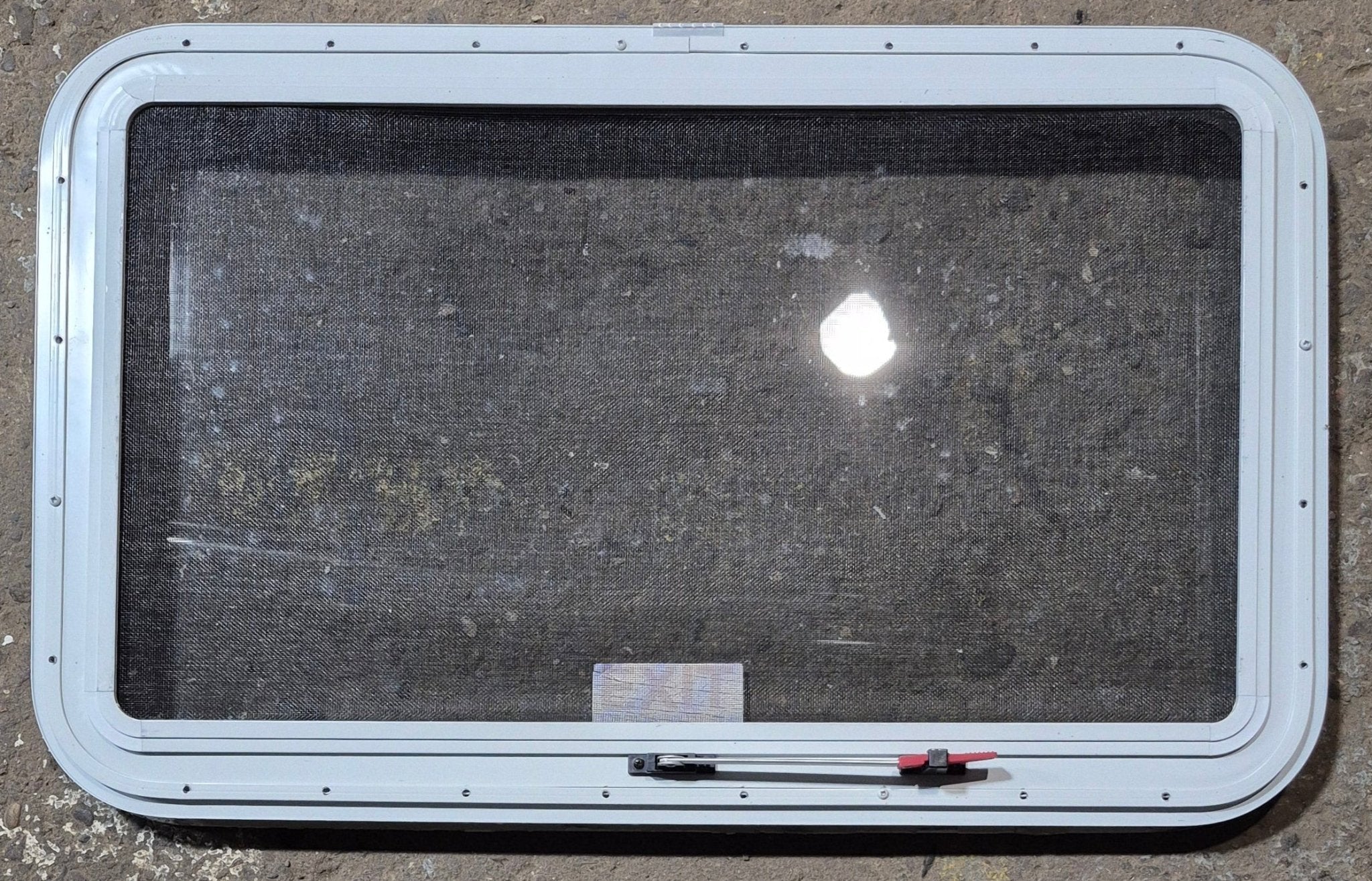 Used White Radius Emergency Opening Window : 35 1/2" W x 21 1/2" H x 1 1/8" D - Young Farts RV Parts