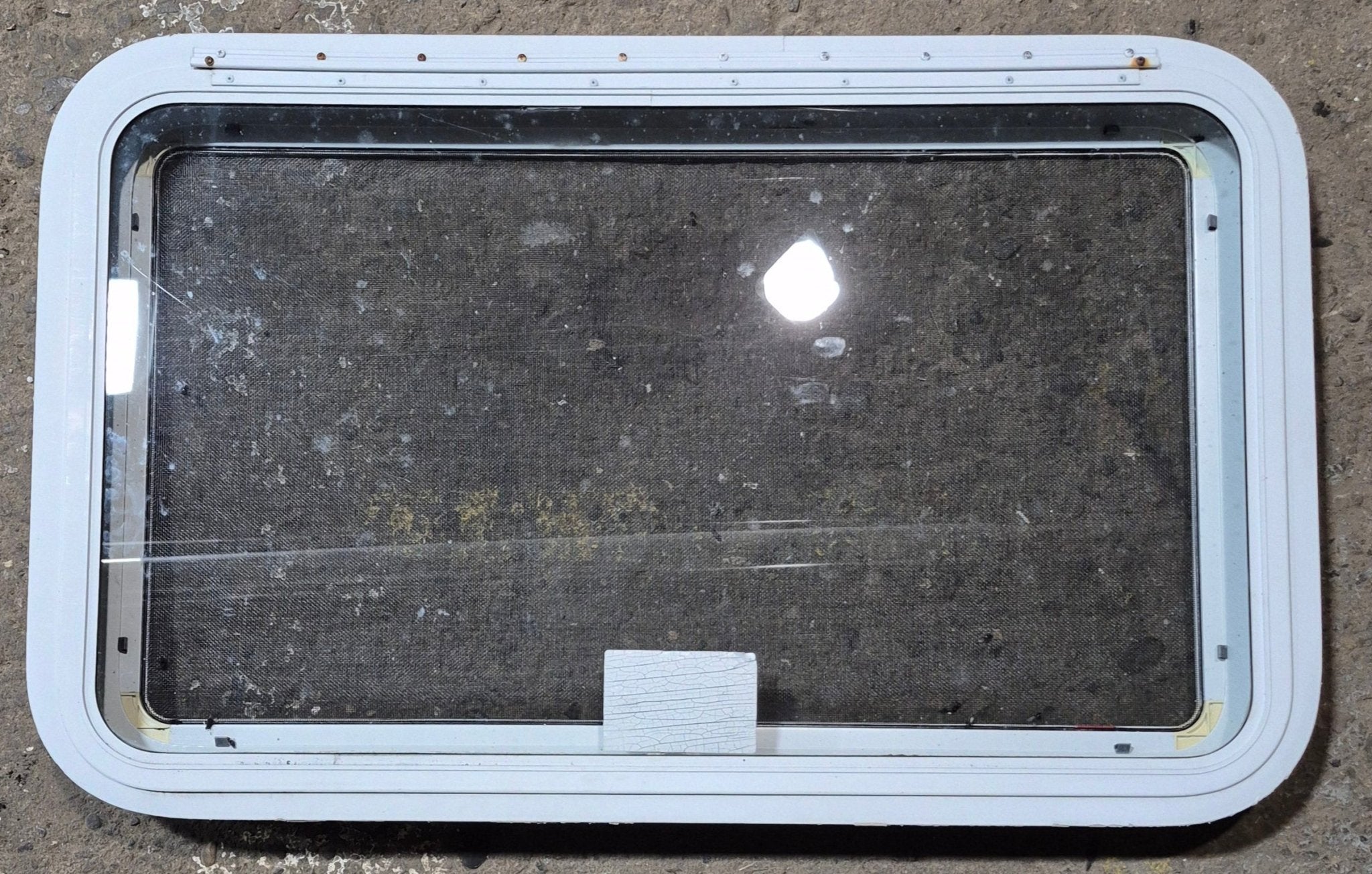 Used White Radius Emergency Opening Window : 35 1/2" W x 21 1/2" H x 1 1/8" D - Young Farts RV Parts
