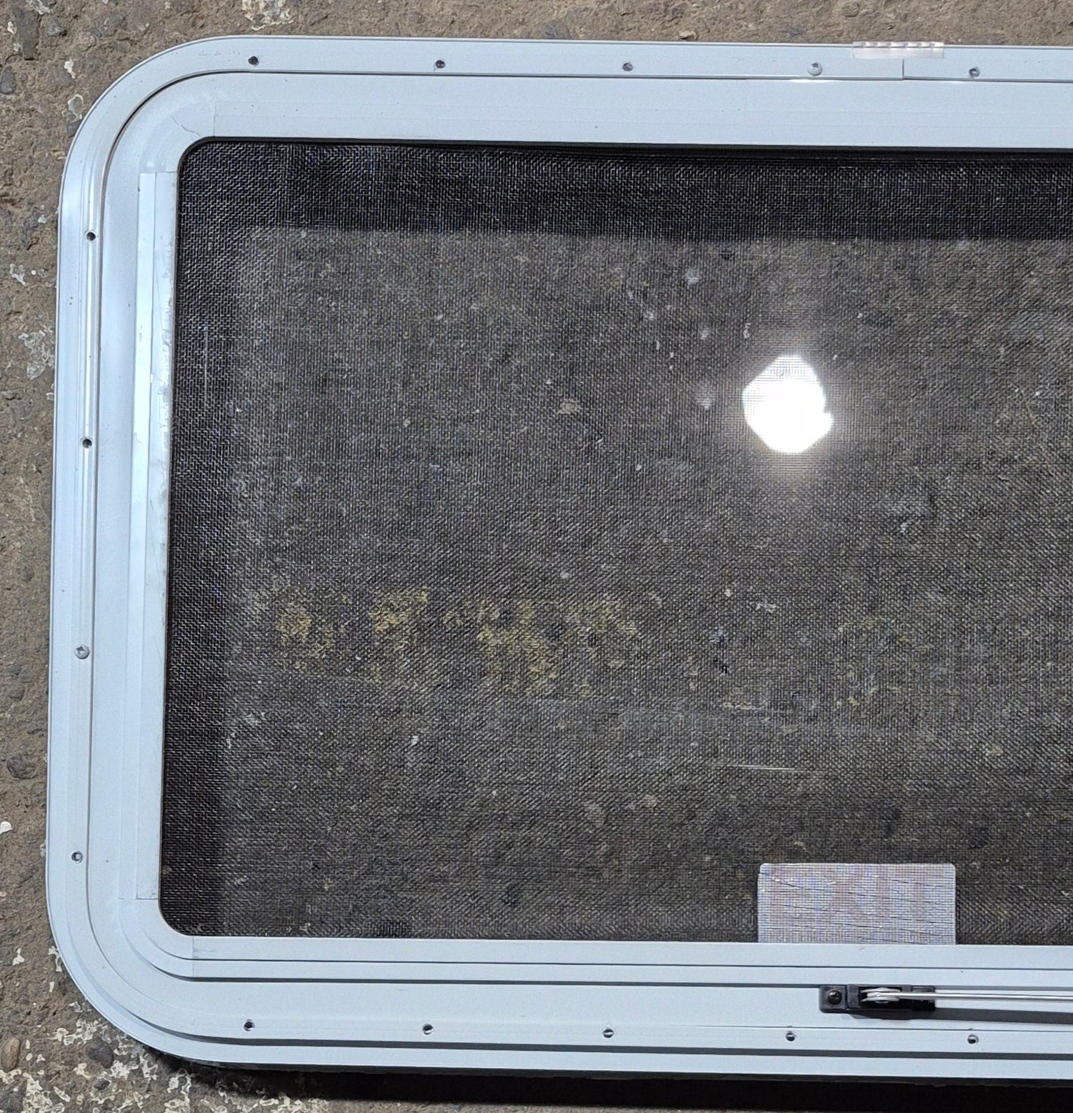Used White Radius Emergency Opening Window : 35 1/2" W x 21 1/2" H x 1 1/8" D - Young Farts RV Parts