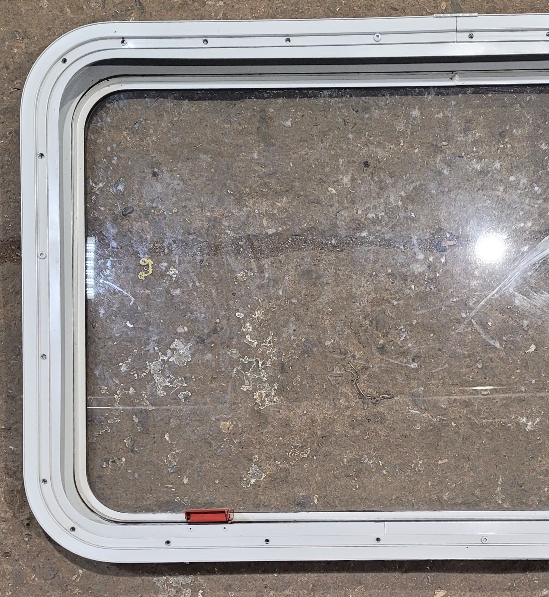 Used White Radius Emergency Opening Window : 35 1/2" W x 21 1/4" H x 1 3/4" D - Young Farts RV Parts