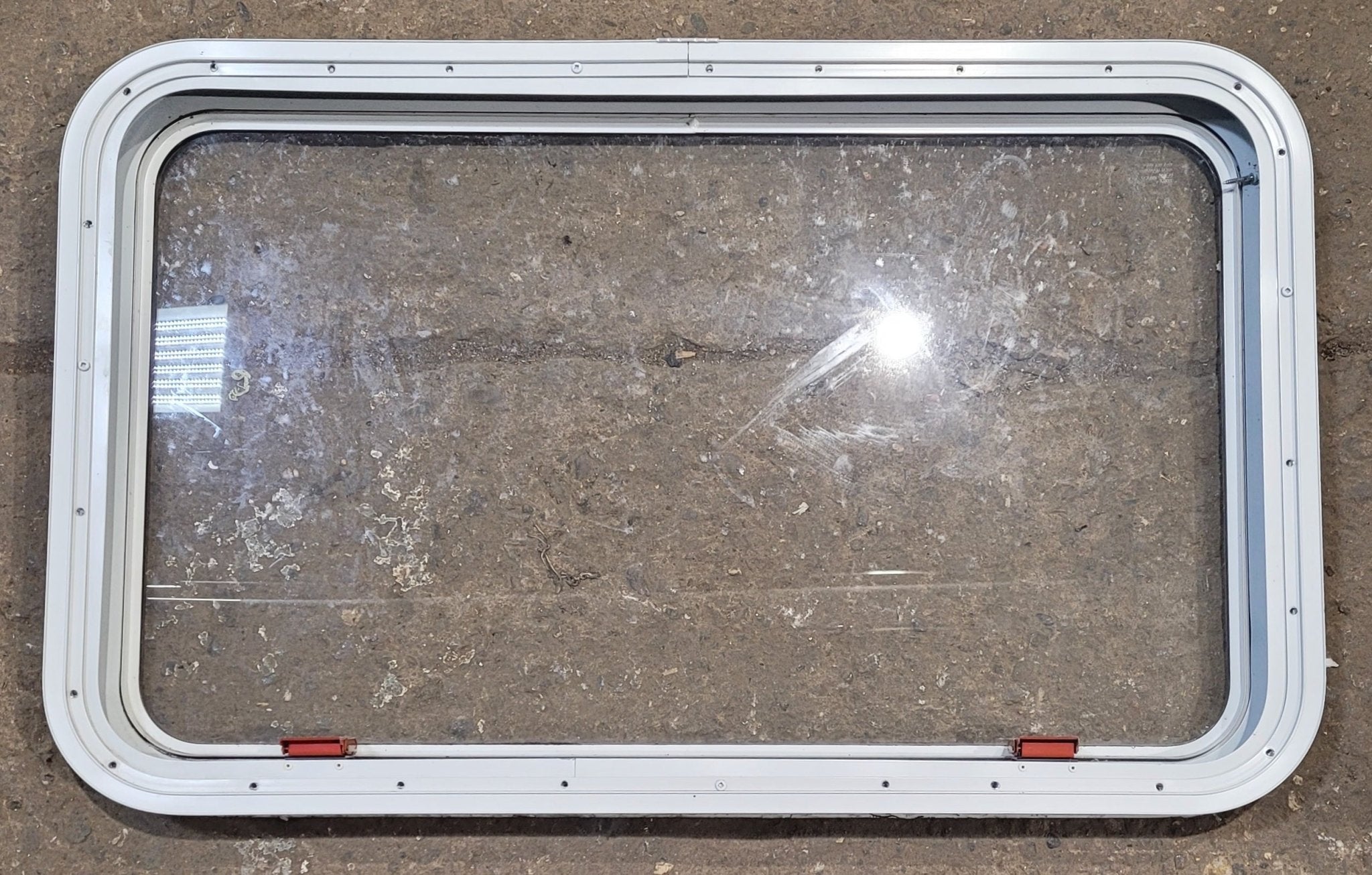 Used White Radius Emergency Opening Window : 35 1/2" W x 21 1/4" H x 1 3/4" D - Young Farts RV Parts