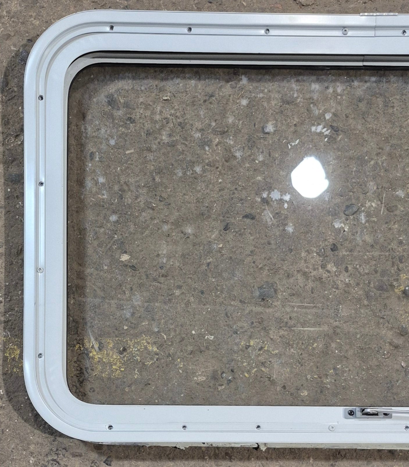Used White Radius Emergency Opening Window : 35 1/2" W x 21 1/4" H x 1 7/8" D - Young Farts RV Parts