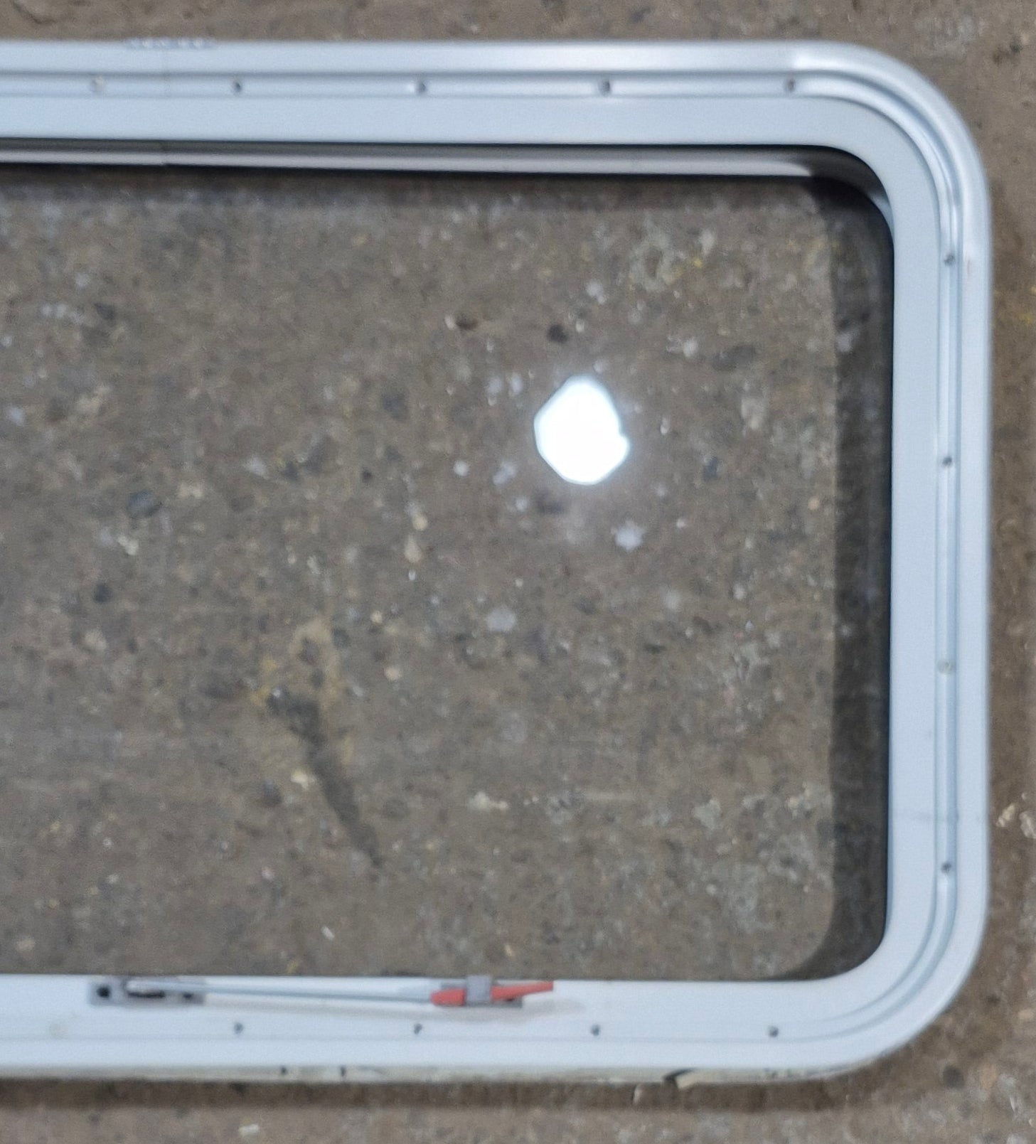 Used White Radius Emergency Opening Window : 35 1/2" W x 21 1/4" H x 1 7/8" D - Young Farts RV Parts
