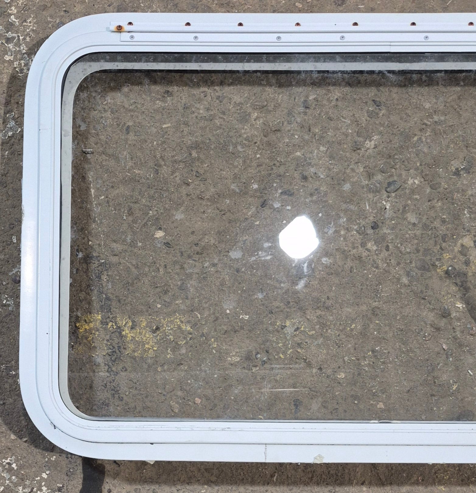 Used White Radius Emergency Opening Window : 35 1/2" W x 21 1/4" H x 1 7/8" D - Young Farts RV Parts