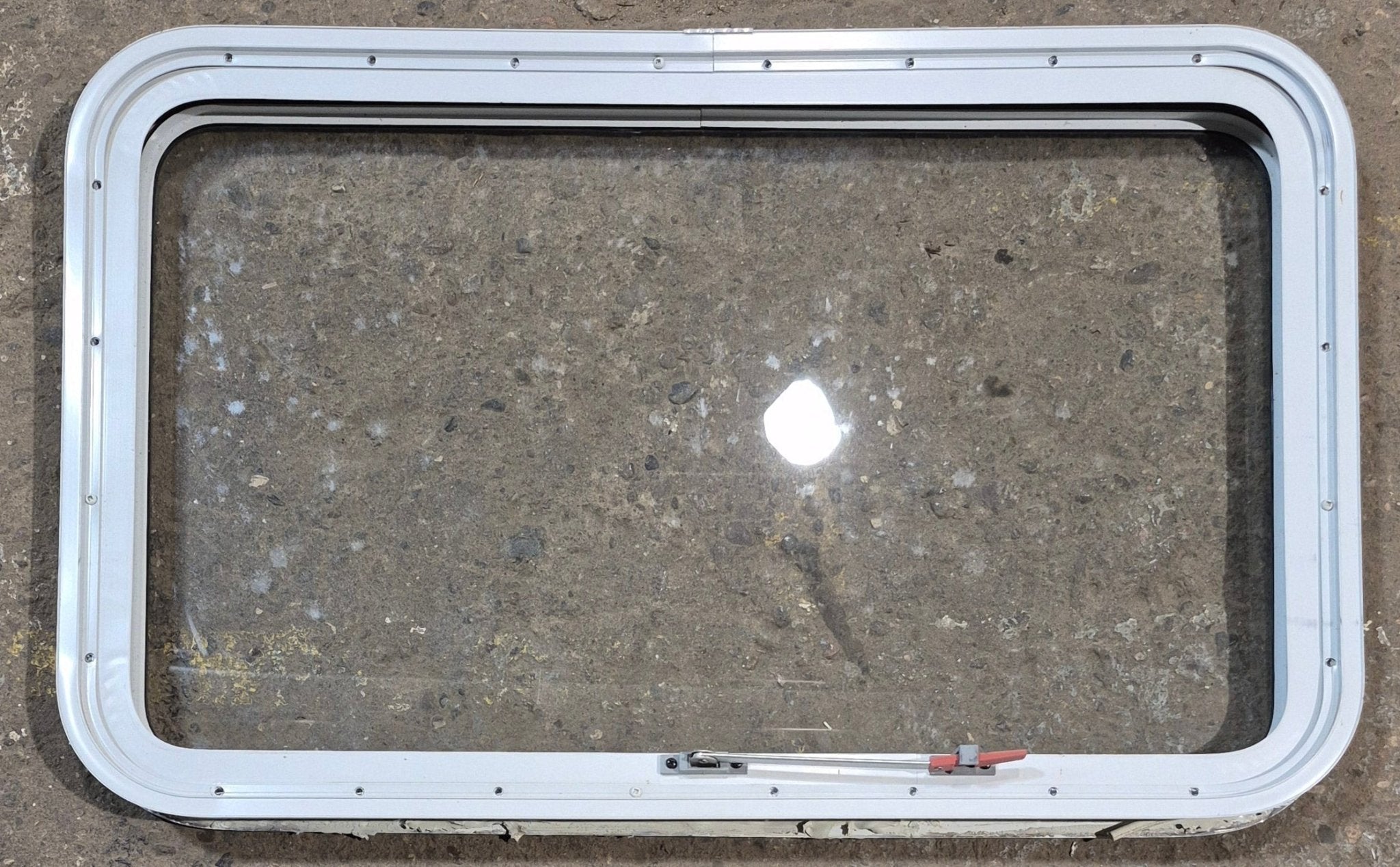 Used White Radius Emergency Opening Window : 35 1/2" W x 21 1/4" H x 1 7/8" D - Young Farts RV Parts