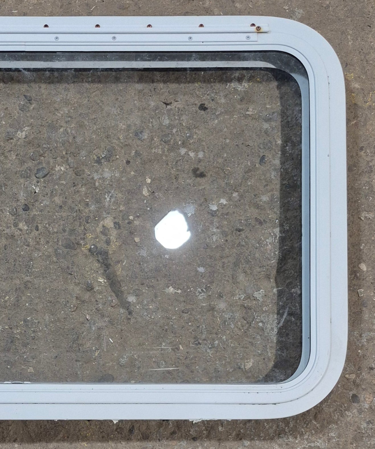 Used White Radius Emergency Opening Window : 35 1/2" W x 21 1/4" H x 1 7/8" D - Young Farts RV Parts