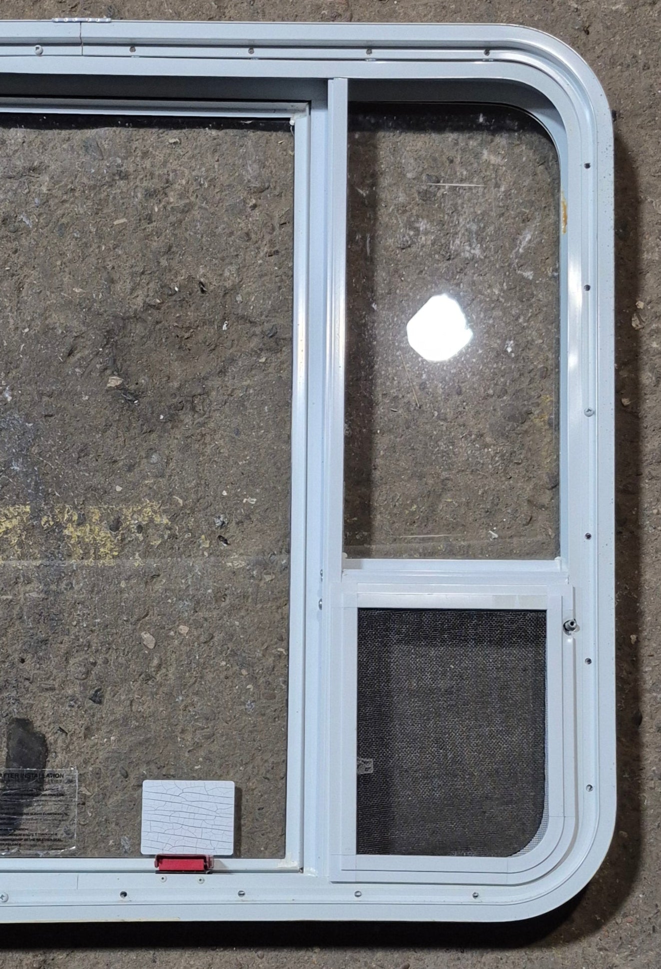 Used White Radius Emergency Opening Window : 35 1/2" W x 29 1/2" H x 2" D - Young Farts RV Parts