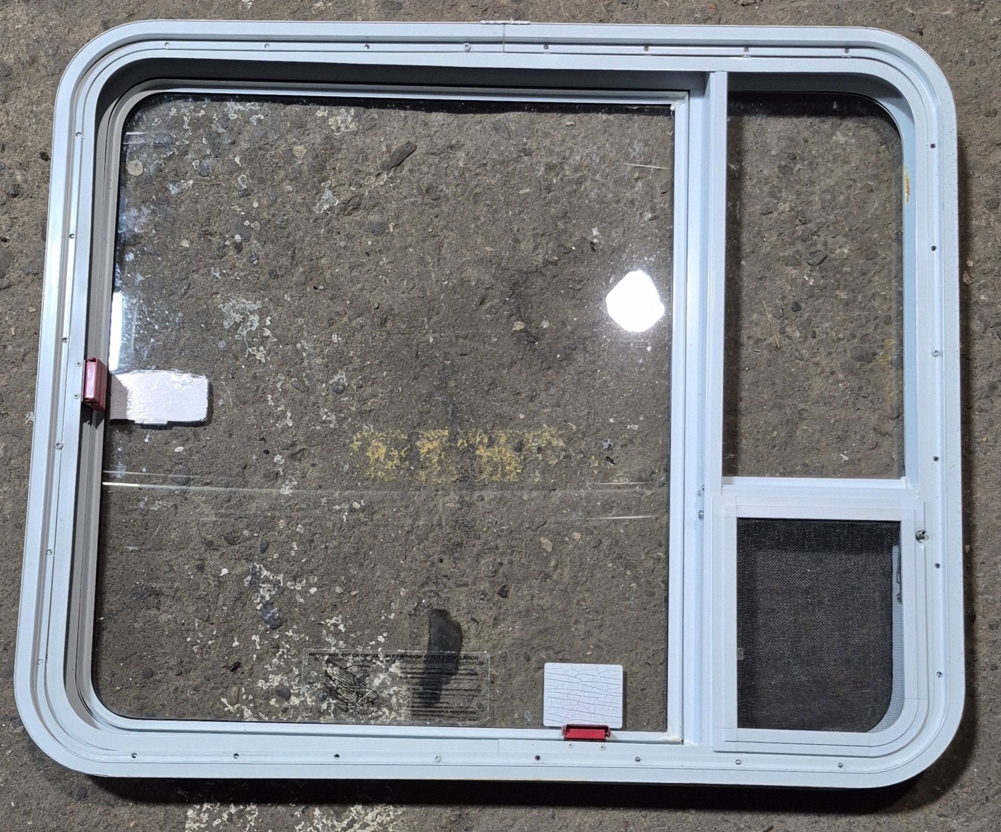 Used White Radius Emergency Opening Window : 35 1/2" W x 29 1/2" H x 2" D - Young Farts RV Parts