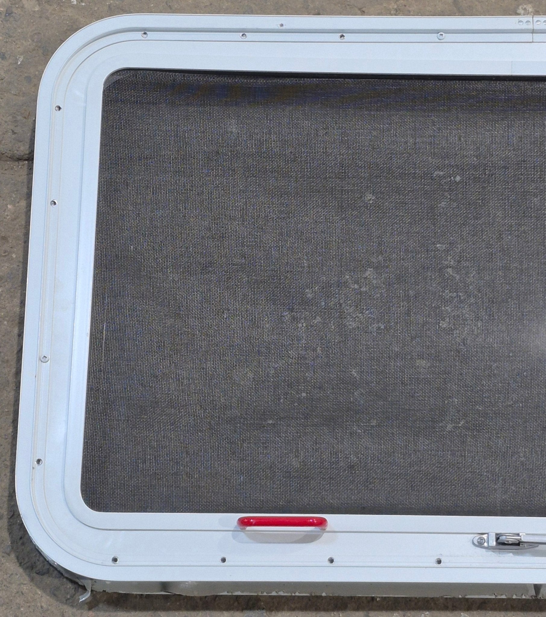 Used White Radius Emergency Opening Window : 35 1/4" W x 21 1/4" H x 1 7/8" D - Young Farts RV Parts