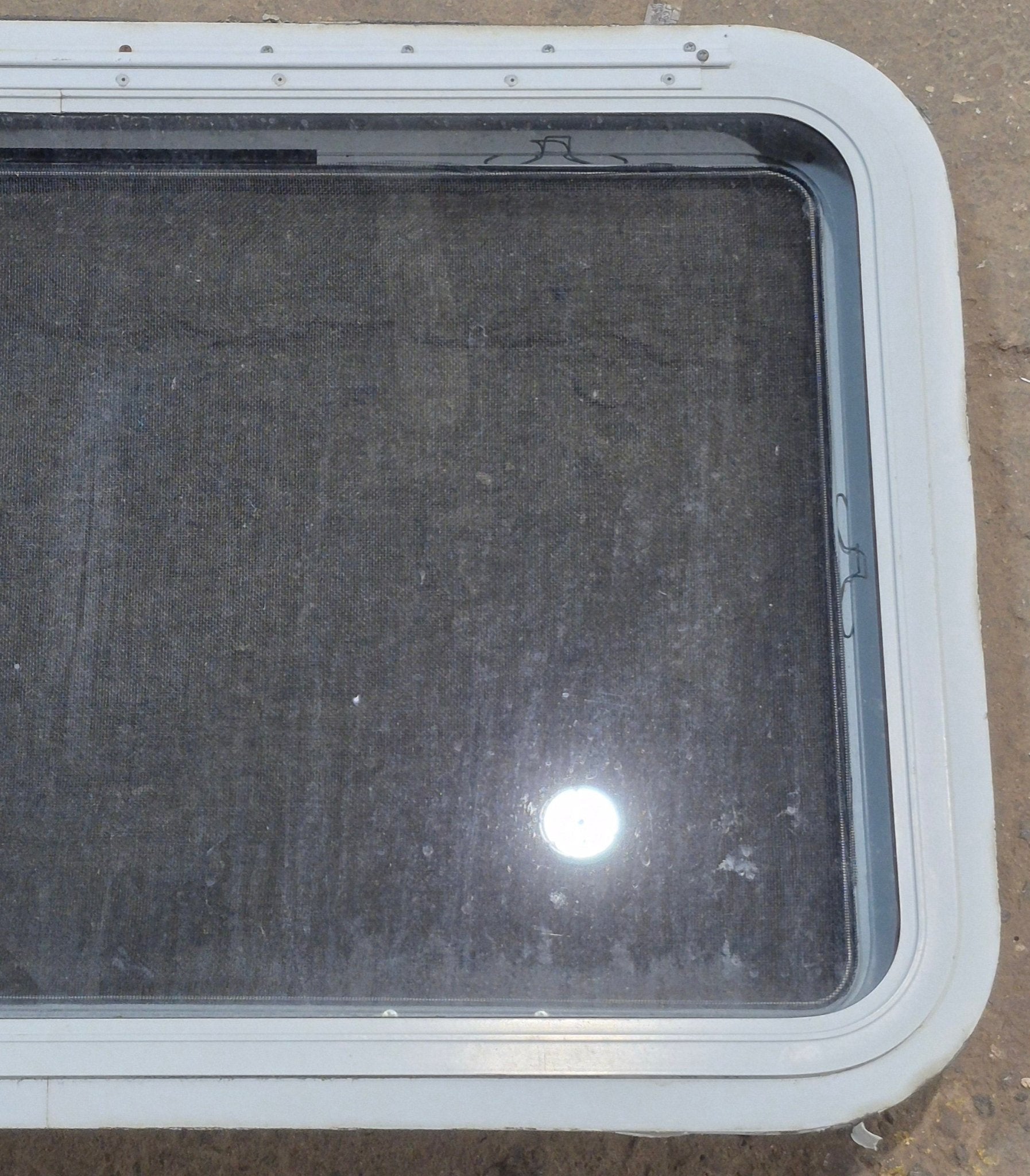 Used White Radius Emergency Opening Window : 35 1/4" W x 21 1/4" H x 1 7/8" D - Young Farts RV Parts