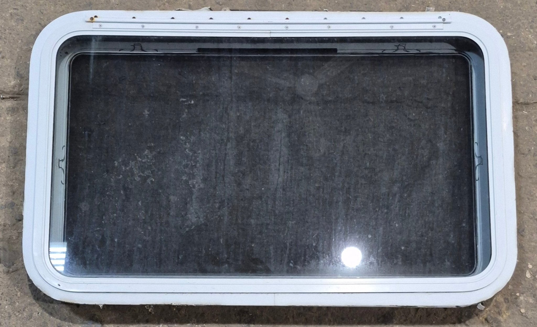Used White Radius Emergency Opening Window : 35 1/4" W x 21 1/4" H x 1 7/8" D - Young Farts RV Parts
