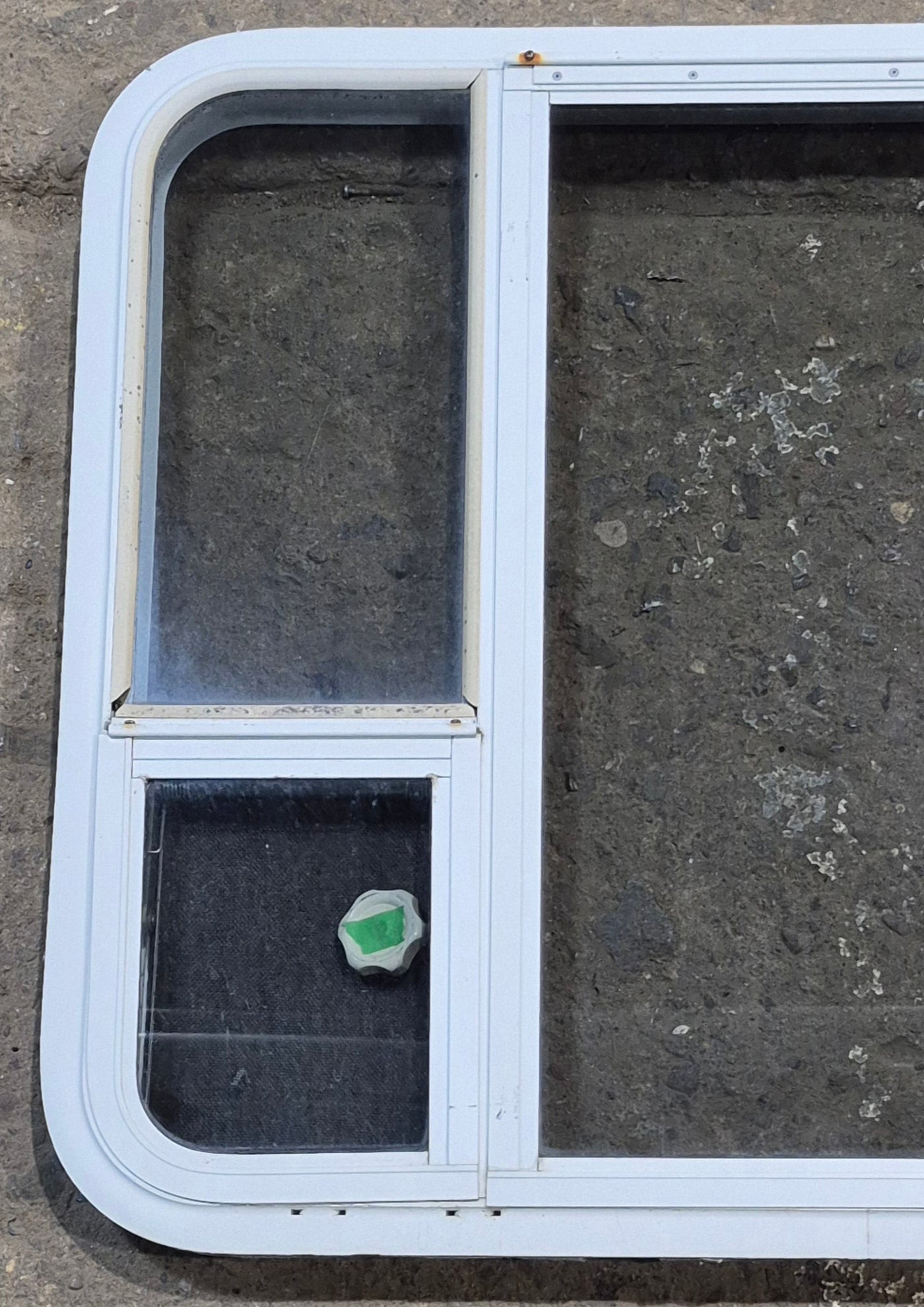 Used White Radius Emergency Opening Window : 35 1/4" W x 28 1/4" H x 1 7/8" D - Young Farts RV Parts