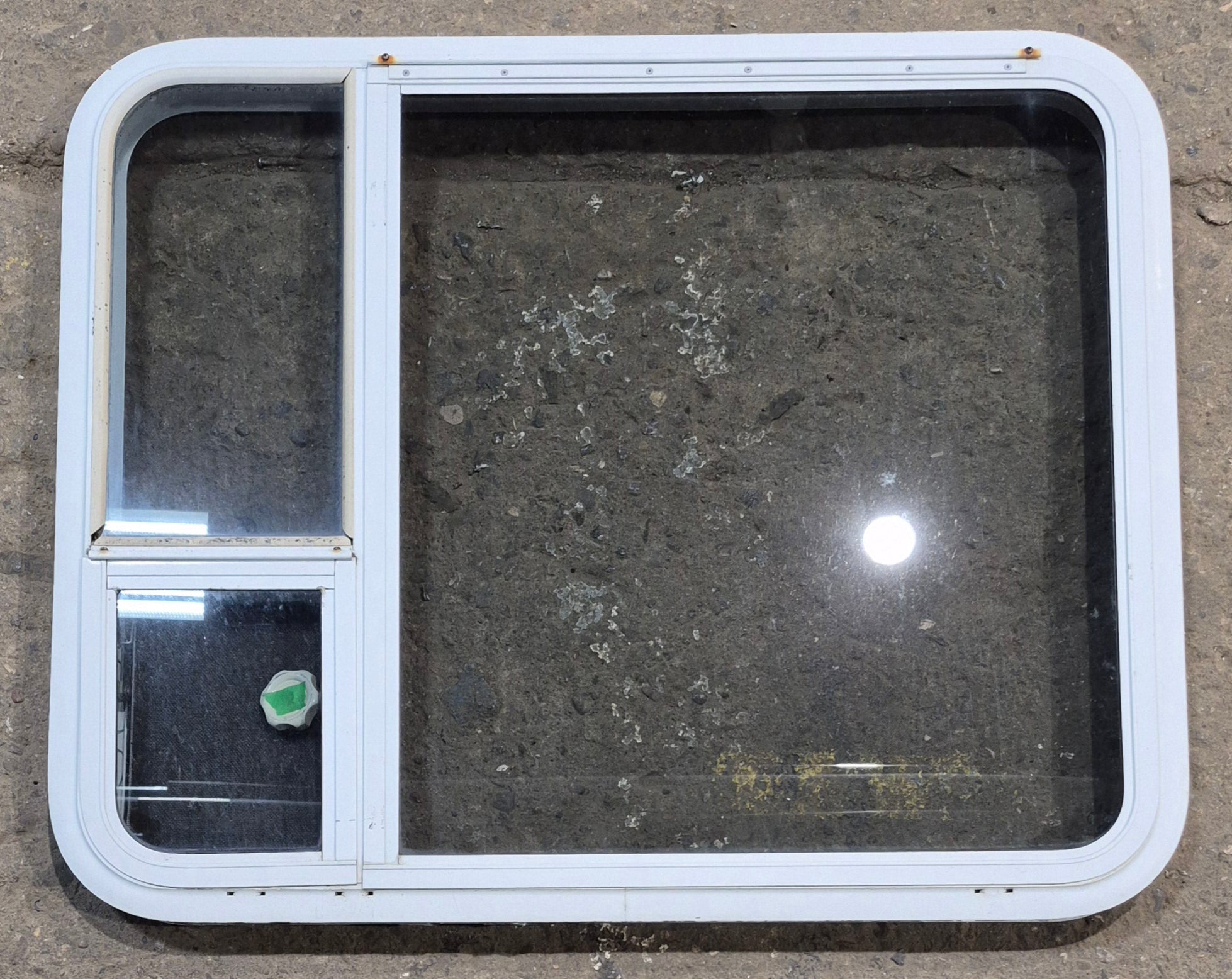 Used White Radius Emergency Opening Window : 35 1/4" W x 28 1/4" H x 1 7/8" D - Young Farts RV Parts