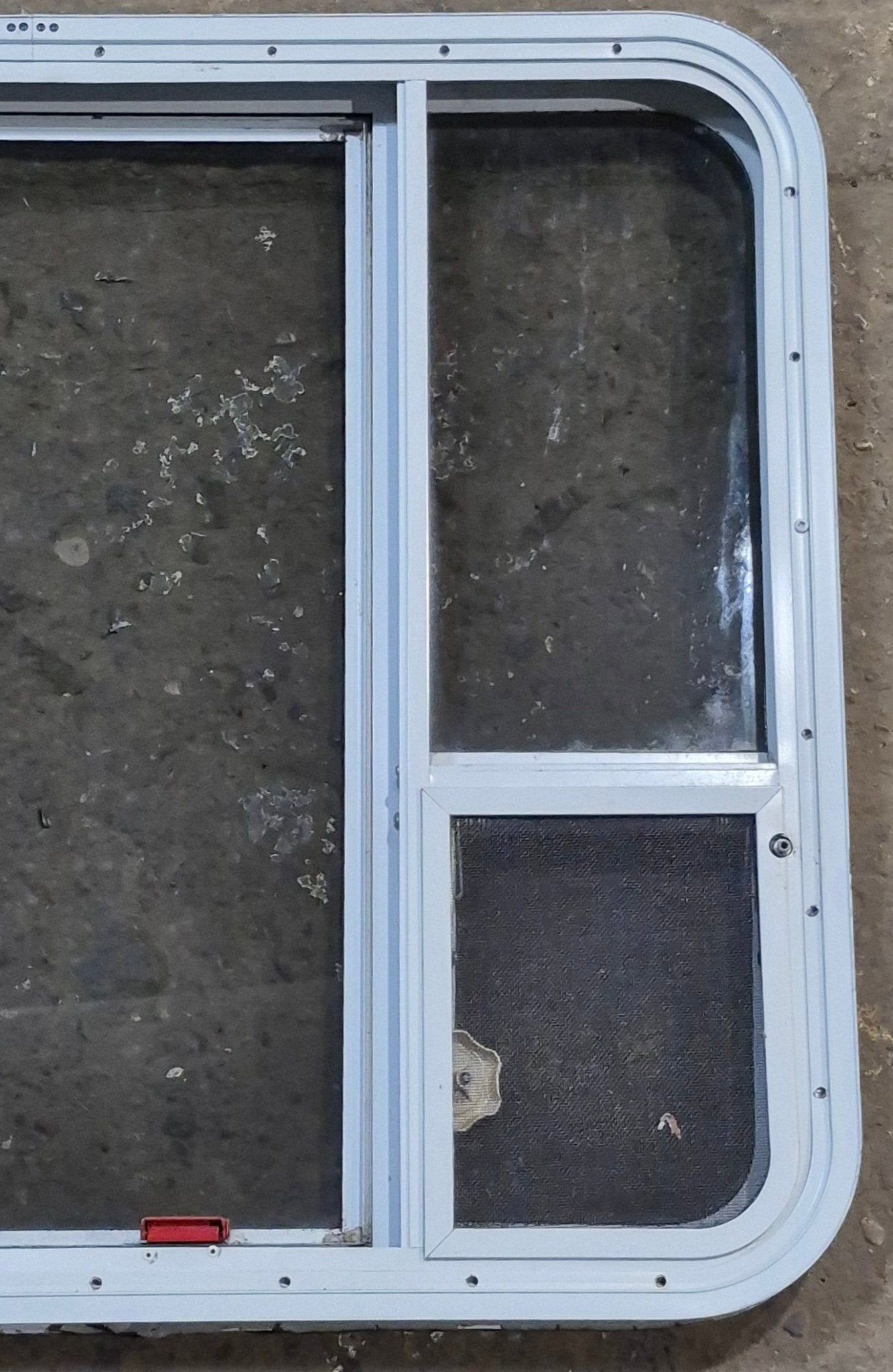 Used White Radius Emergency Opening Window : 35 1/4" W x 28 1/4" H x 1 7/8" D - Young Farts RV Parts