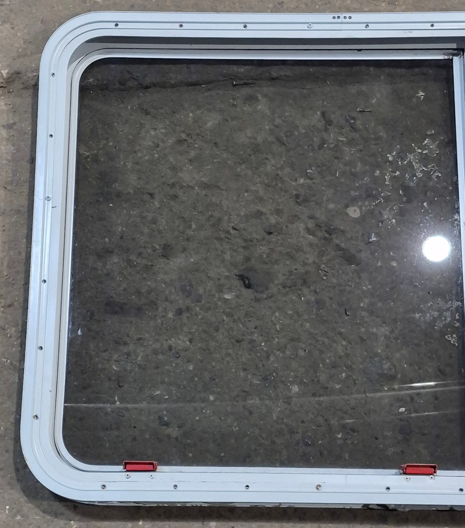 Used White Radius Emergency Opening Window : 35 1/4" W x 28 1/4" H x 1 7/8" D - Young Farts RV Parts