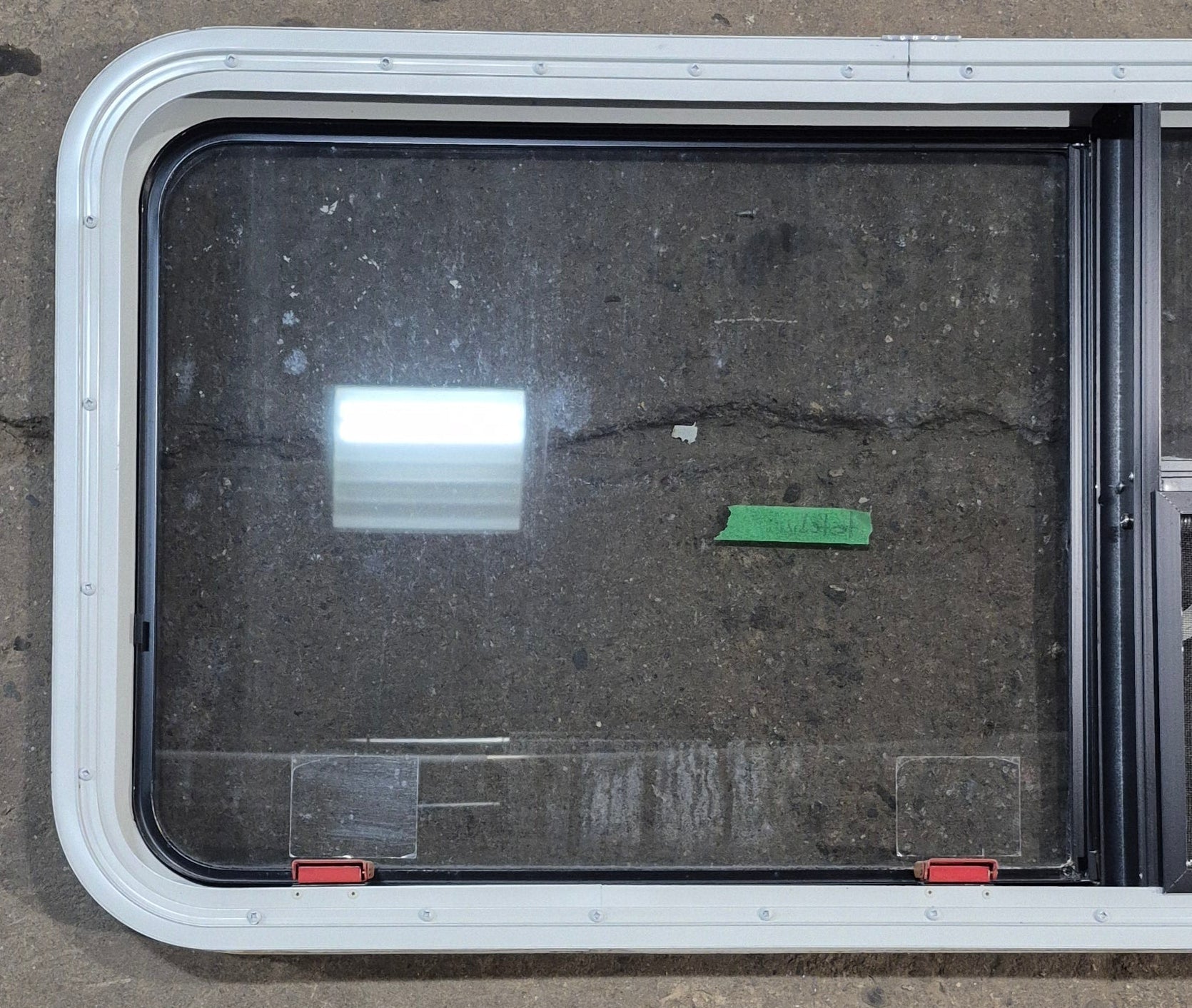 Used White Radius Emergency Opening Window : 41 1/4" W x 21 1/4" H x 1 3/4" D - Young Farts RV Parts