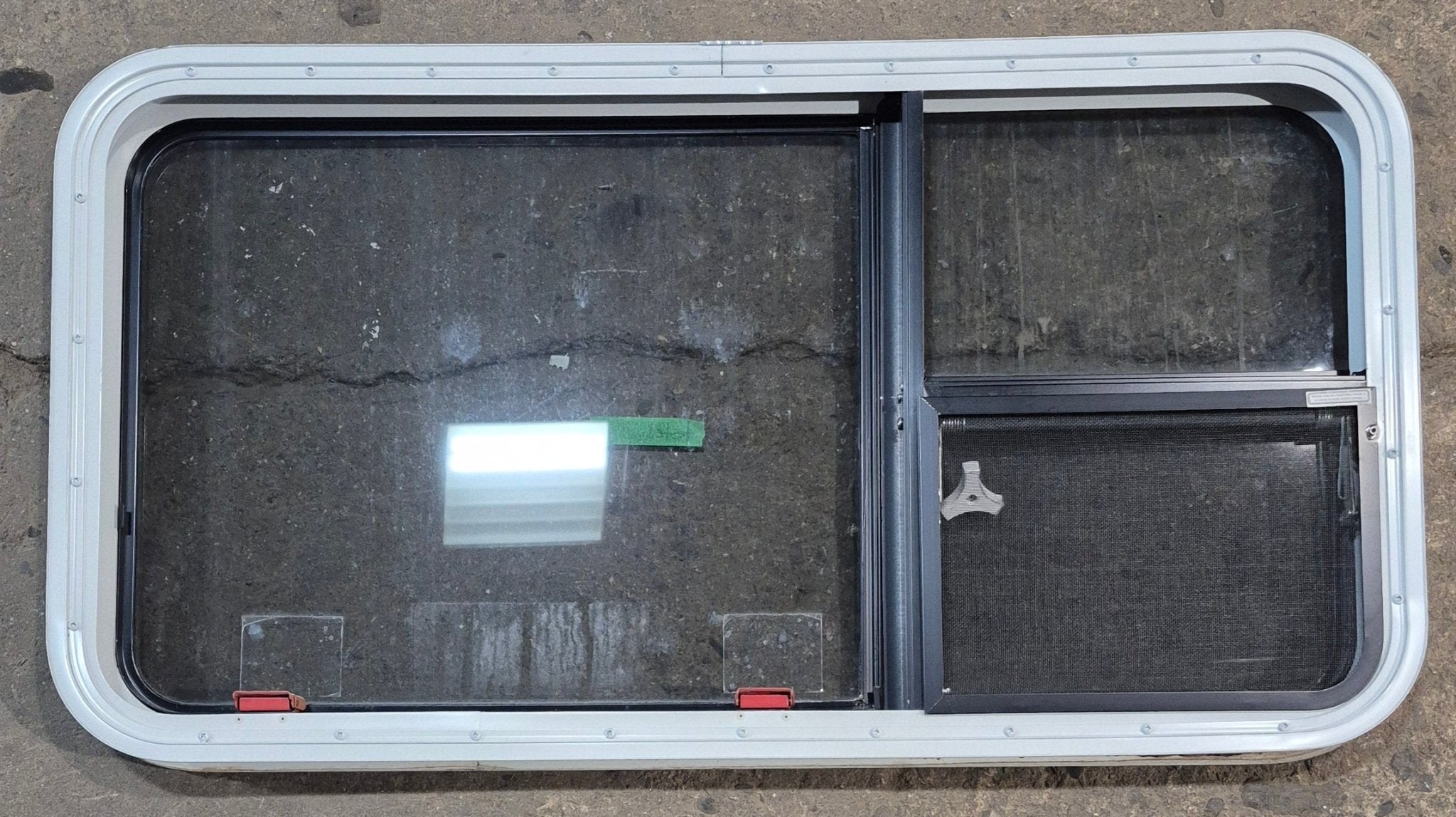 Used White Radius Emergency Opening Window : 41 1/4" W x 21 1/4" H x 1 3/4" D - Young Farts RV Parts