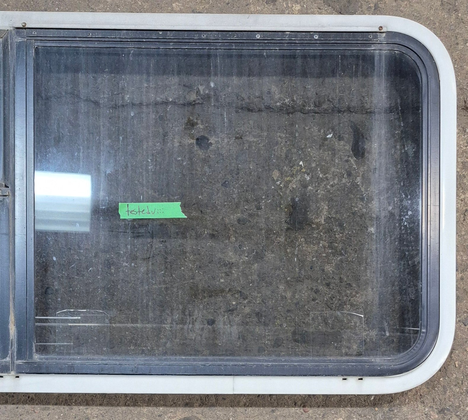 Used White Radius Emergency Opening Window : 41 1/4" W x 21 1/4" H x 1 3/4" D - Young Farts RV Parts