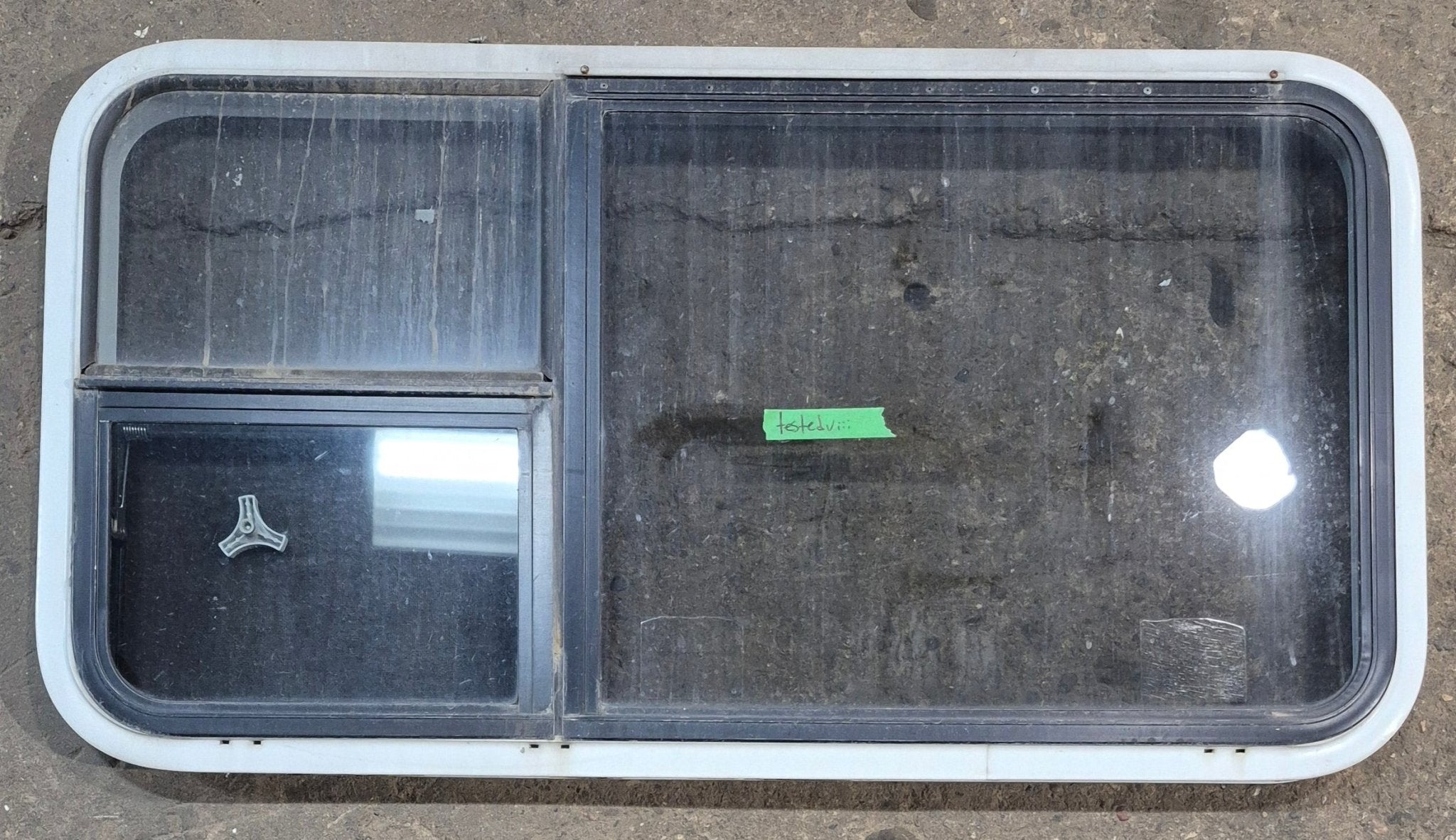 Used White Radius Emergency Opening Window : 41 1/4" W x 21 1/4" H x 1 3/4" D - Young Farts RV Parts