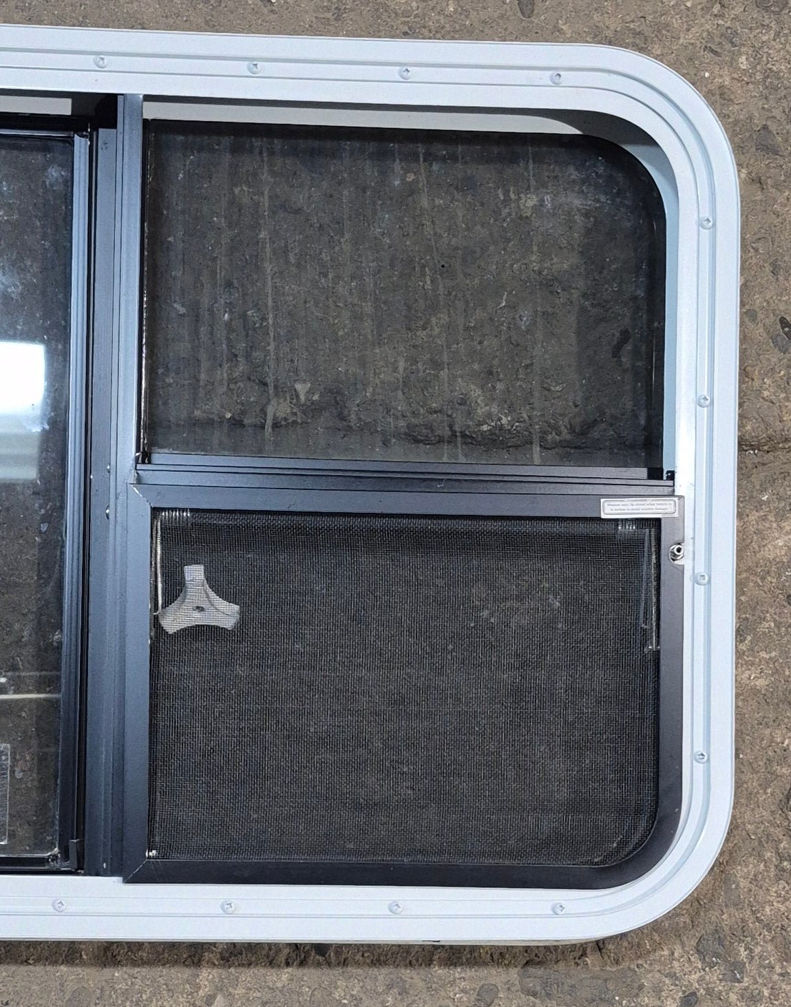 Used White Radius Emergency Opening Window : 41 1/4" W x 21 1/4" H x 1 3/4" D - Young Farts RV Parts