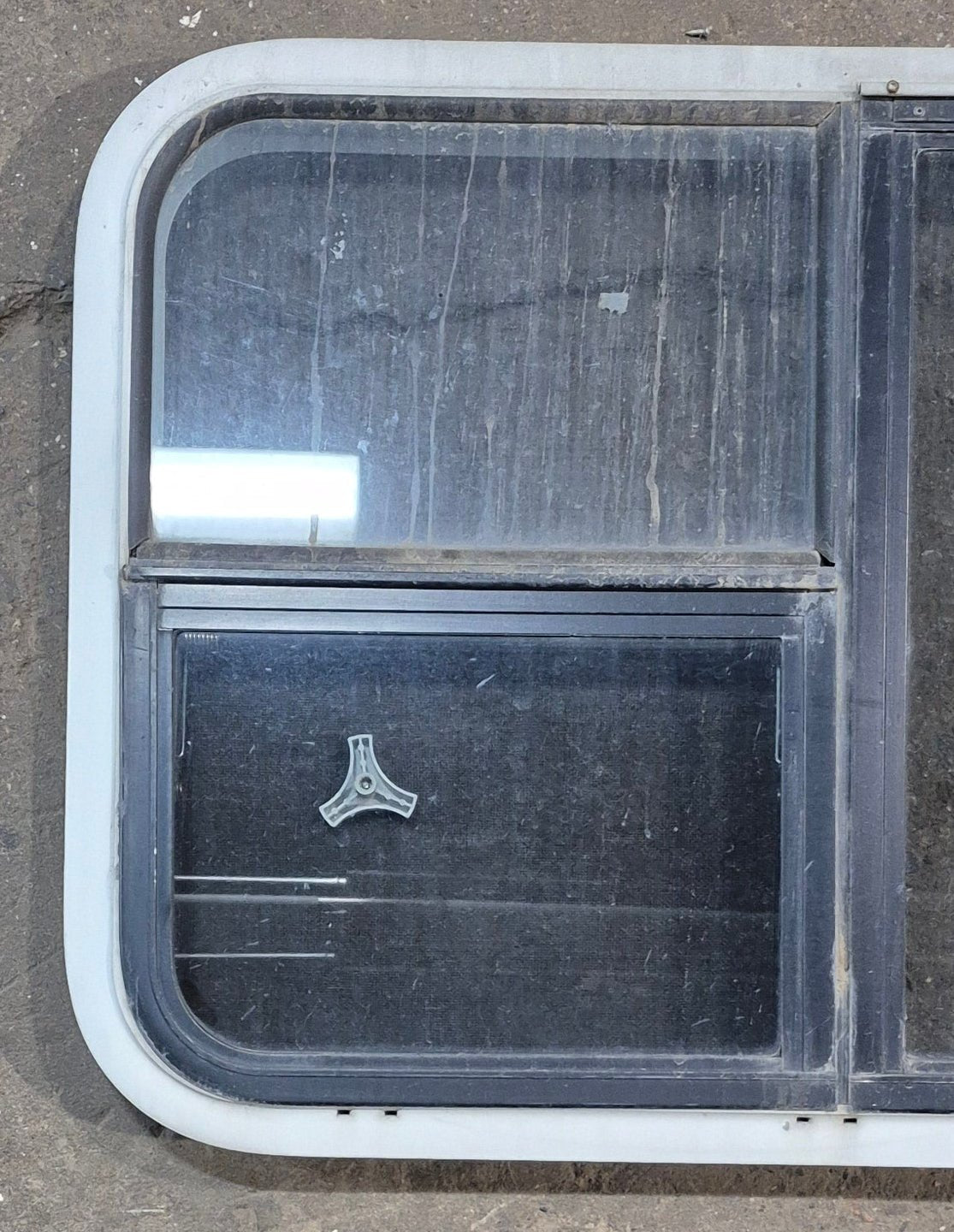 Used White Radius Emergency Opening Window : 41 1/4" W x 21 1/4" H x 1 3/4" D - Young Farts RV Parts