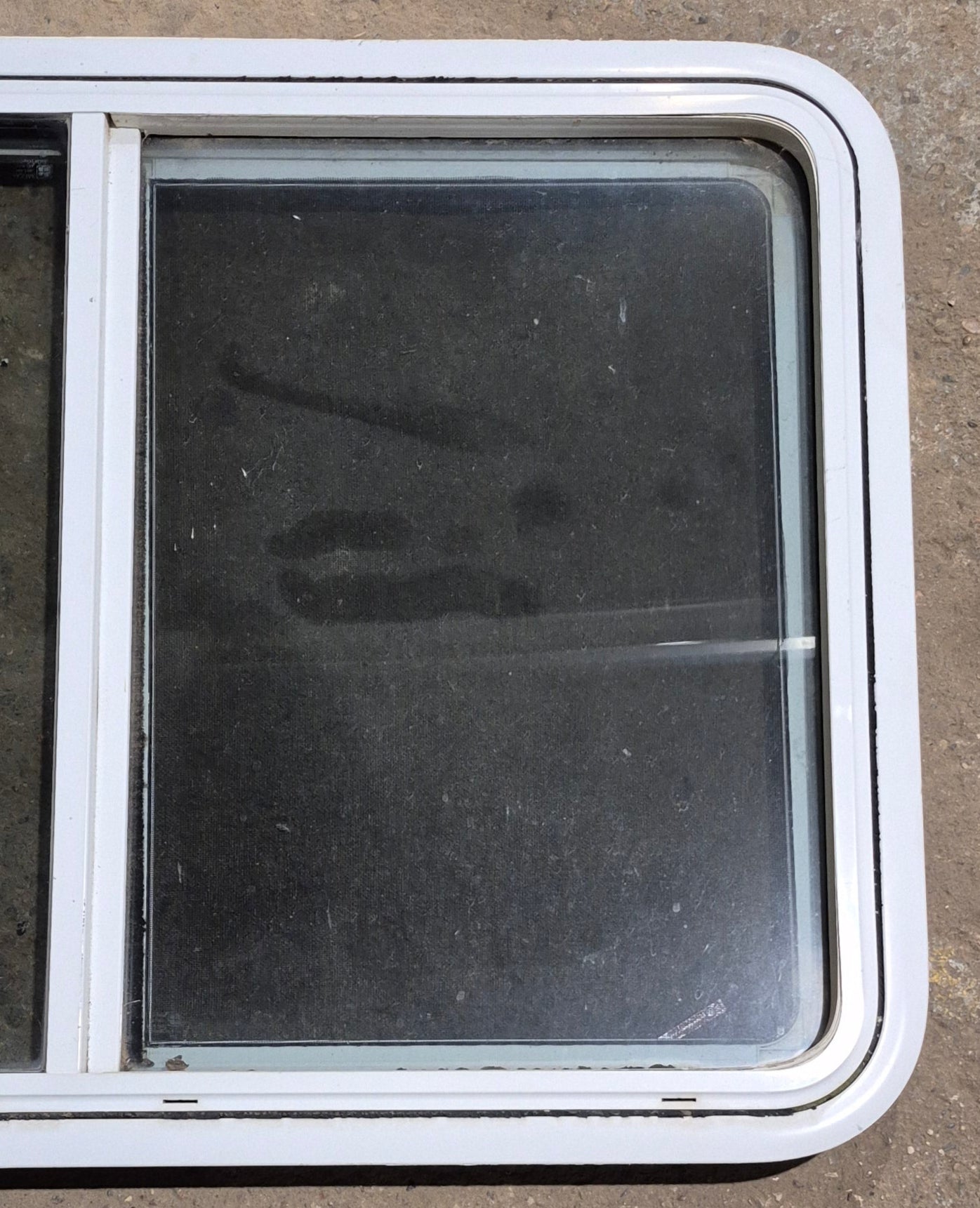 Used White Radius Emergency Opening Window : 41 1/4" W x 28 1/2" H x 2" D - Young Farts RV Parts