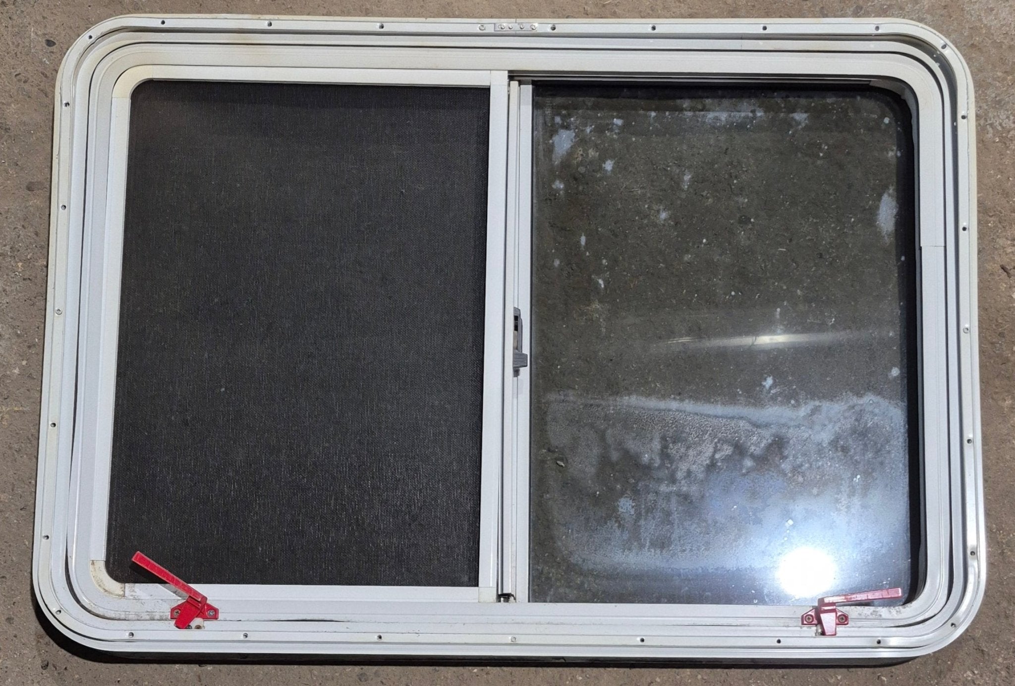 Used White Radius Emergency Opening Window : 41 1/4" W x 28 1/2" H x 2" D - Young Farts RV Parts