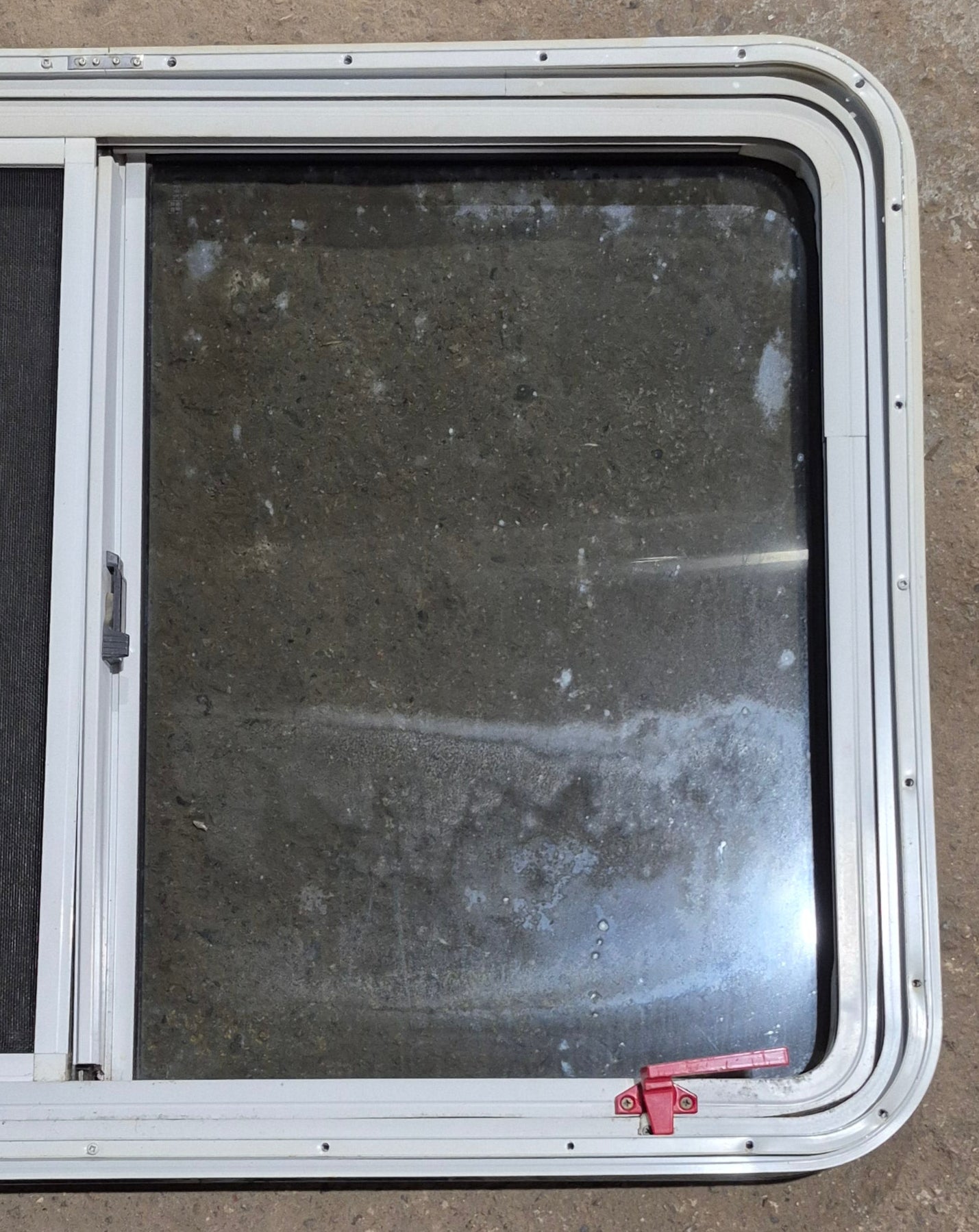 Used White Radius Emergency Opening Window : 41 1/4" W x 28 1/2" H x 2" D - Young Farts RV Parts